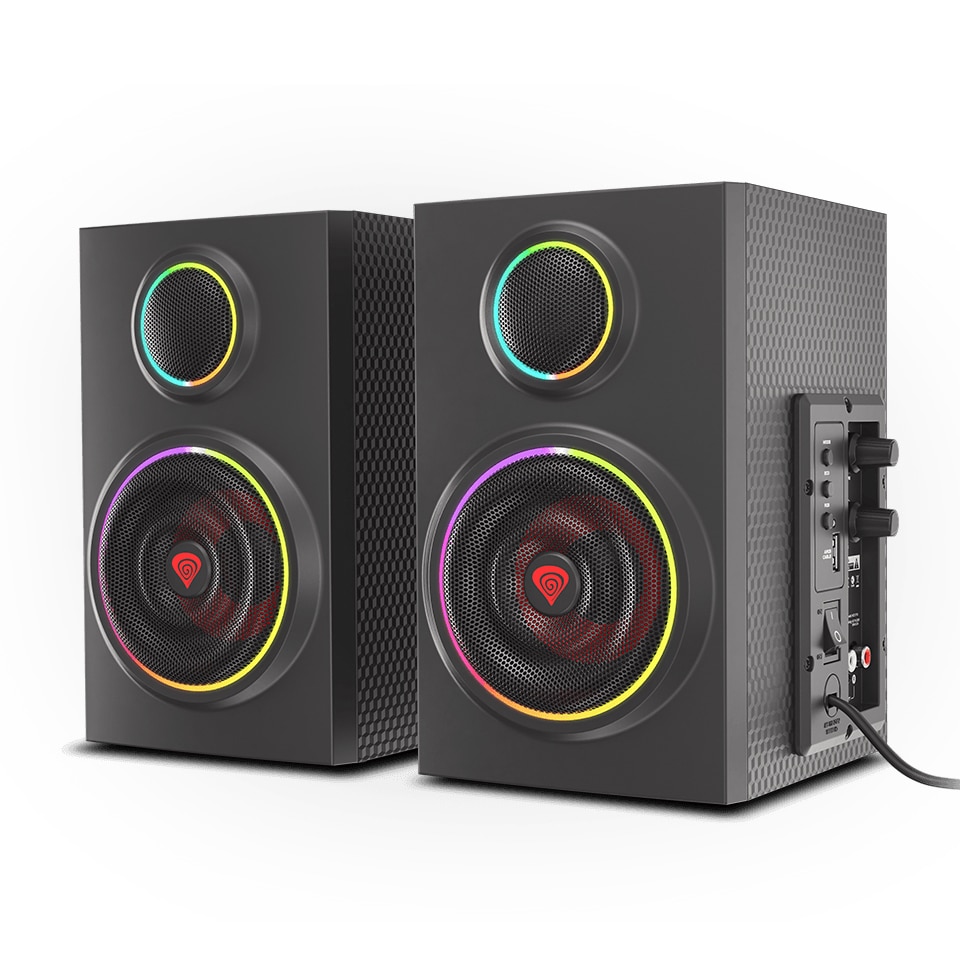 Fotografie Boxe Gaming Genesis HELIUM 300BT, 24W, 2.0, Bluetooth, Cutie de lemn, RGB, Bass Control, Jack 3.5mm/RCA, Negru