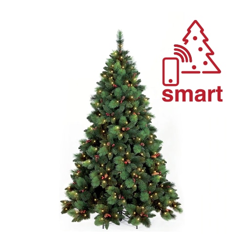 Fotografie Brad artificial premium Kring Phoenix, adaptor smart pentru control prin telefon, conuri si merisoare, lumina calda, PP/PVC, ace 3D/2D, 210 cm, Verde