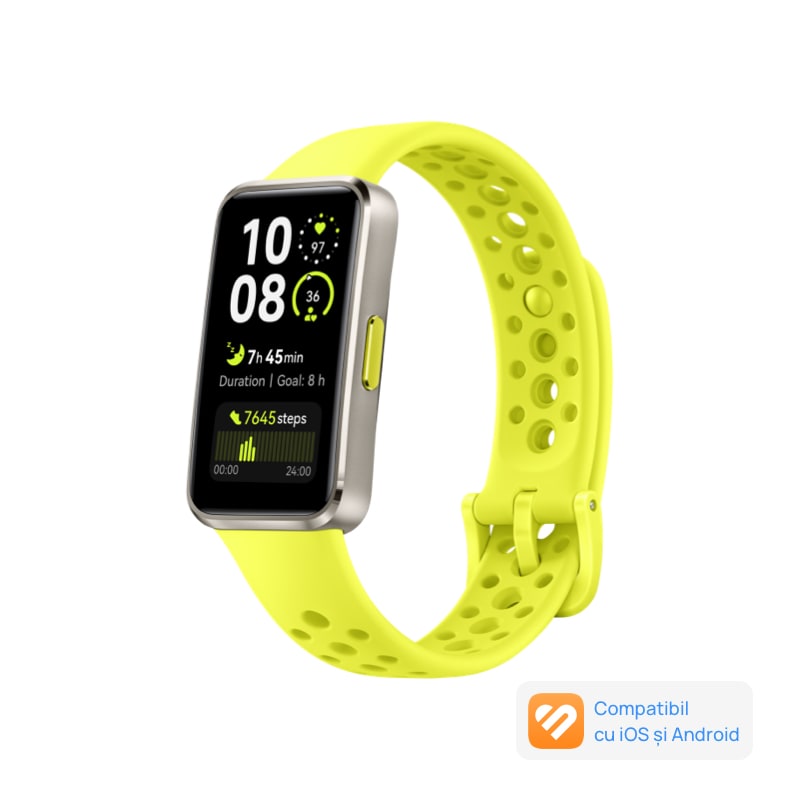 Fotografie Bratara fitness HUAWEI Band 10, Android /iOS, Titanium Color Aluminum Alloy Body with Green Fluoroelastomer Strap