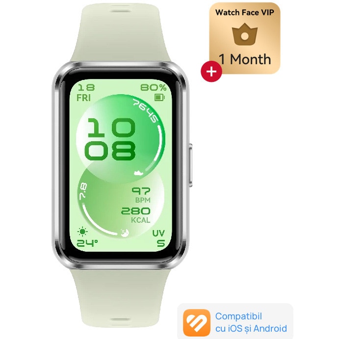 Fotografie Bratara fitness HUAWEI Band 11, Android /iOS, Silver Aluminum Alloy Case with Green Fluoroelastomer Strap + 1 Month Watch Face VIP