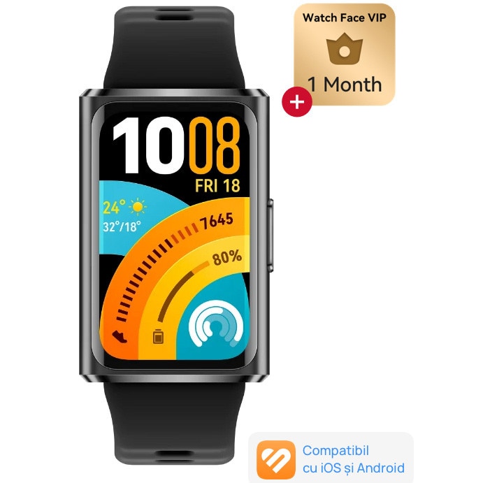 Fotografie Bratara fitness HUAWEI Band 11 Pro, Android /iOS, Matte Black Aluminum Alloy Case with Black Fluoroelastomer Strap + 1 Month Watch Face VIP