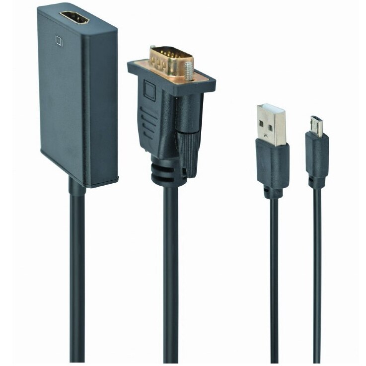 Fotografie Cablu video Gembird adaptor VGA (T) + jack 3.5mm (T) la HDMI (M), 15cm, rezolutie maxima Full HD la 60Hz, Negru, A-VGA-HDMI-01
