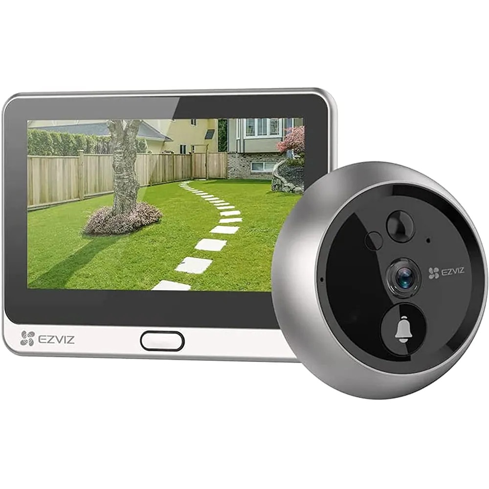 Fotografie Camera de supraveghere si sonerie Ezviz DP2C, 2MP, Viziune nocturna IR5m, Baterie 4600mAh, Ecran color de 4.3", Unghi larg de 155°, Senzor PIR, Audio bidirectional, Microfon, Senzori de temperatura si lumina, Stocare MicroSD 256GB si Ezviz CloudPlay