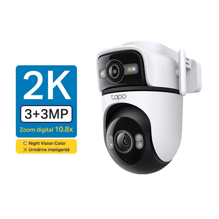 Fotografie Camera de supraveghere Wireless TP-Link Tapo C545D cu 2 obiective, 2K 3MP + 2K 3MP, Pan/Tilt, Utilizare exterior, Wireless cu 2 antene si RJ45, unghi larg 165° si teleobiectiv 6 mm, Night Vision, Detectare Smart AI, Two-Way Audio, ONVIF, IP66