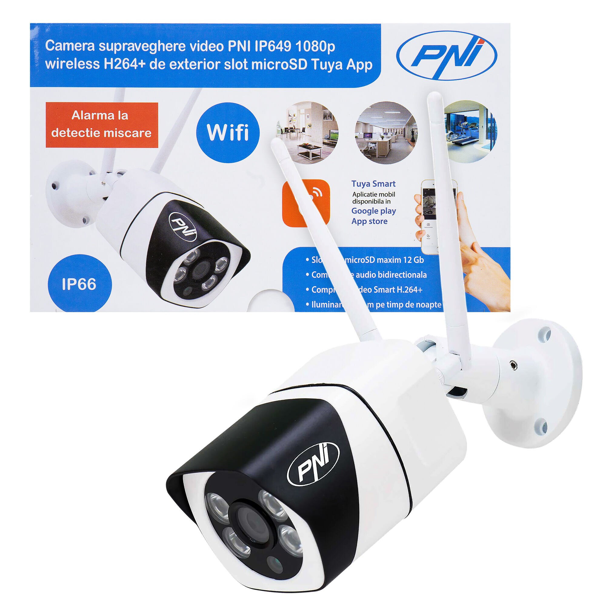 Fotografie Camera supraveghere video PNI IP649 cu IP, 2MP 1080P, WiFi, slot card micro SD, compatibila cu aplicatia Tuya Smart