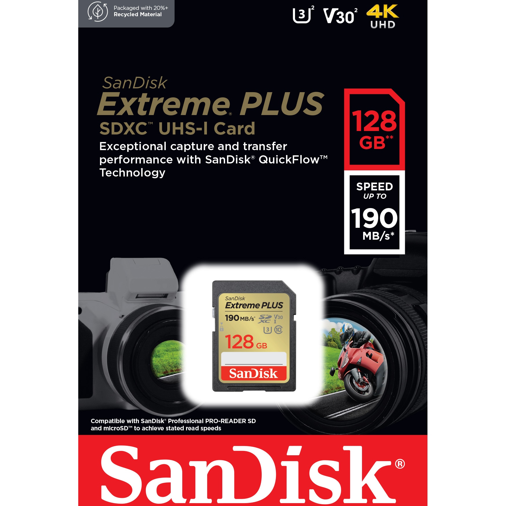 Fotografie Card de memorie SanDisk Extreme PLUS 128GB SDXC pana la 190MB/s & 90MB/s Read/Write speeds, UHS-I, Class 10, U3, V30