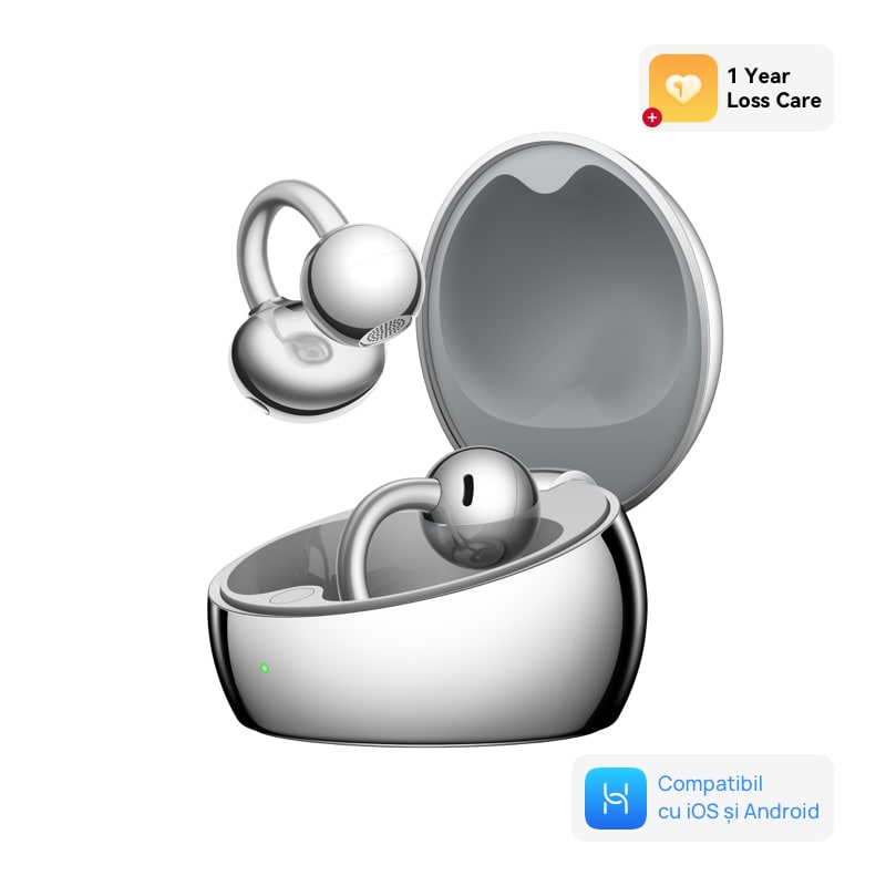 Fotografie Casti audio Open-Ear Huawei FreeClip 2 S, True Wireless, Dual Engine Driver, IP57, Bluetooth, Autonomie 38 ore, Carcasa incarcare wireless, Space Silver + 1 Year Loss Care