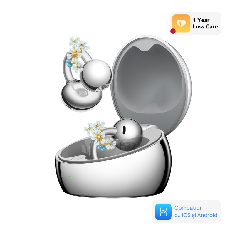Fotografie Casti audio Open-Ear Huawei FreeClip 2 S, True Wireless, Dual Engine Driver, IP57, Bluetooth, Autonomie 38 ore, Carcasa incarcare wireless, Space Silver, Editie limitata cu accesoriu Les Nereides + 1 Year Loss Care