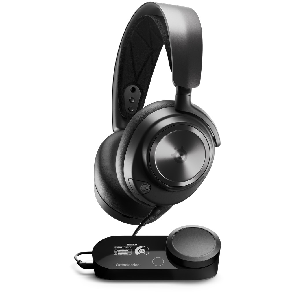 Fotografie Casti gaming cu fir SteelSeries Arctis Nova Pro, PlayStation, PC, Switch si Mac, drivere 40mm, microfon bidirectional ClearCast Gen 2, Bidirectional Noise Canceling, 360° Spatial Audio, negru