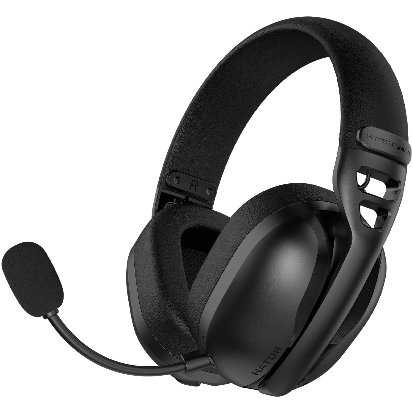 Fotografie Casti gaming wireless Hator Hyperpunk 3, material membrana PET, frecventa raspuns 10Hz-44kHz, impendanta 16Ω, conectivitate 2.4GHz, BT 5.4 USB-C/USB-A, autonomie baterie pana la 45 de ore, microfon detasabil unidirectional, negru