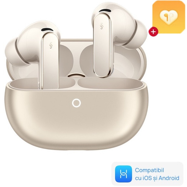 Fotografie Casti In-Ear HUAWEI FreeBuds Pro 5, True Wireless, Dual Engine AI Sensing ANC, Bluetooth, IP57, Multi point connection, Autonomie 38h, Carcasa incarcare wireless, Sand + 1 Year Loss Care