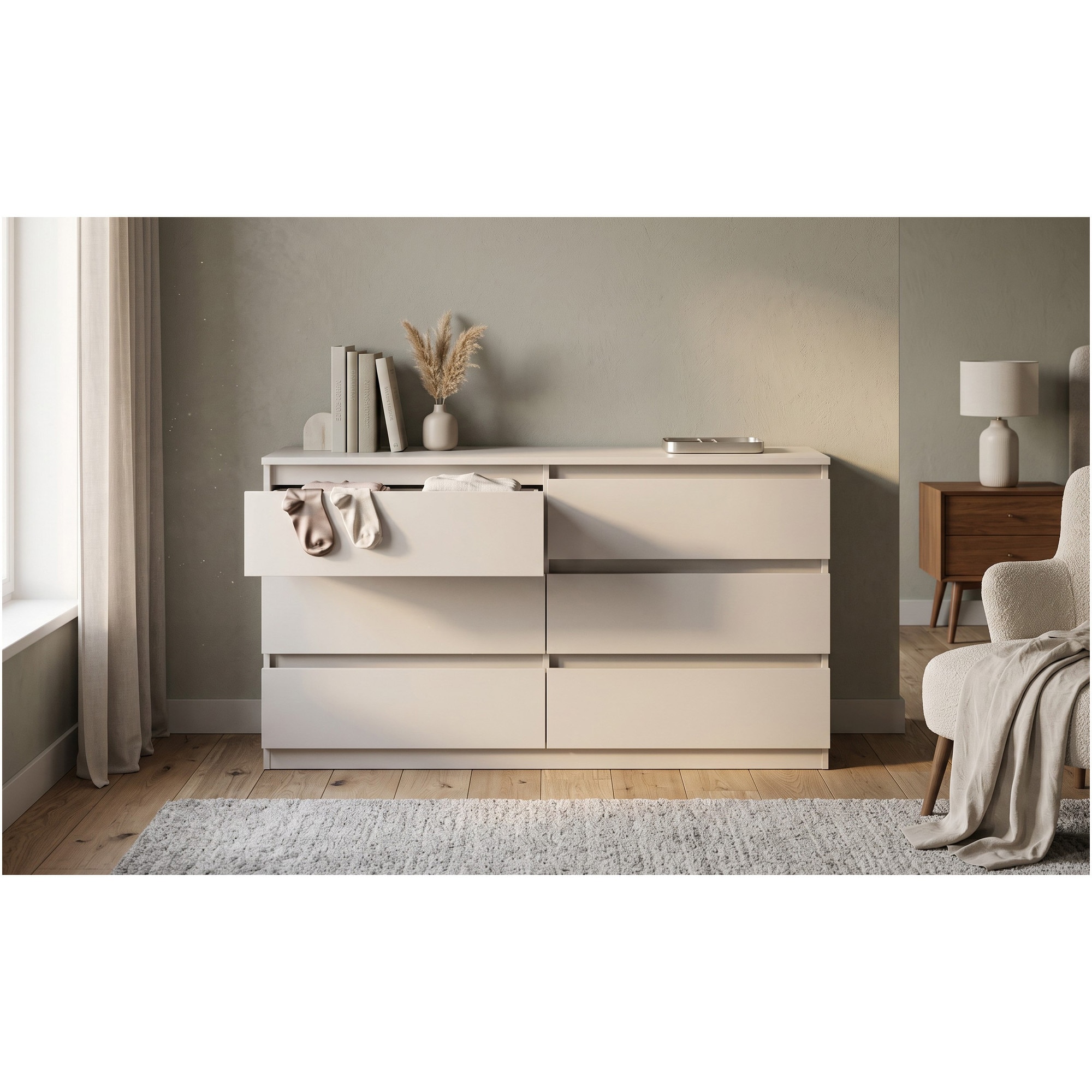 Fotografie Comoda BRW Tetrix, 150x45x75.5 cm, 6 sertare, culoare cashmere