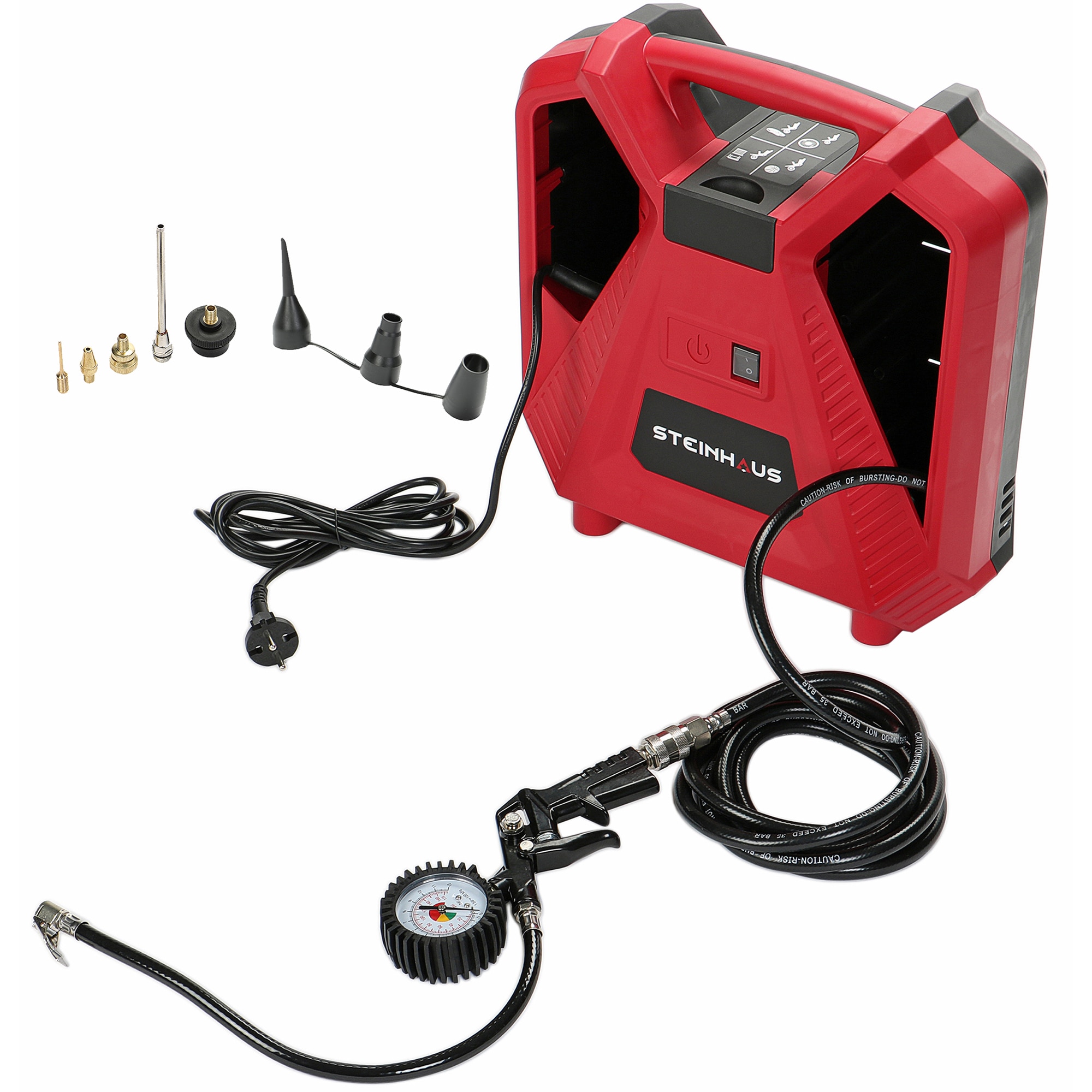Fotografie Compresor aer fara ulei Steinhaus Start, cu piston 1100W, 8bar, 180l/min, 9 accesorii