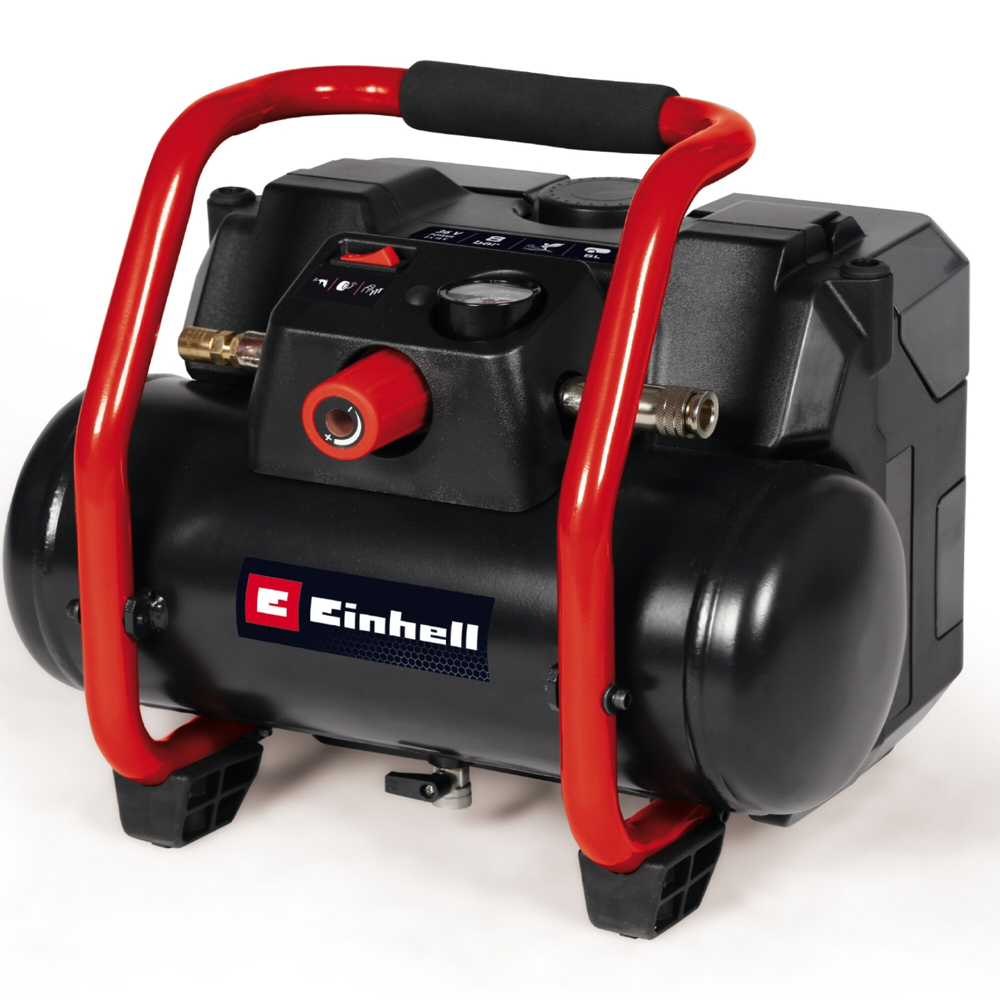 Fotografie Compresor aer pe acumulator Einhell Expert TE-AC 36/150 Li OF-Solo Power X-Change, 36 V, max. 8 bar, rezervor de 6 l, capacitate de aspirare de 150 l/min, manometru, fara ulei, fara acumulator/incarcator