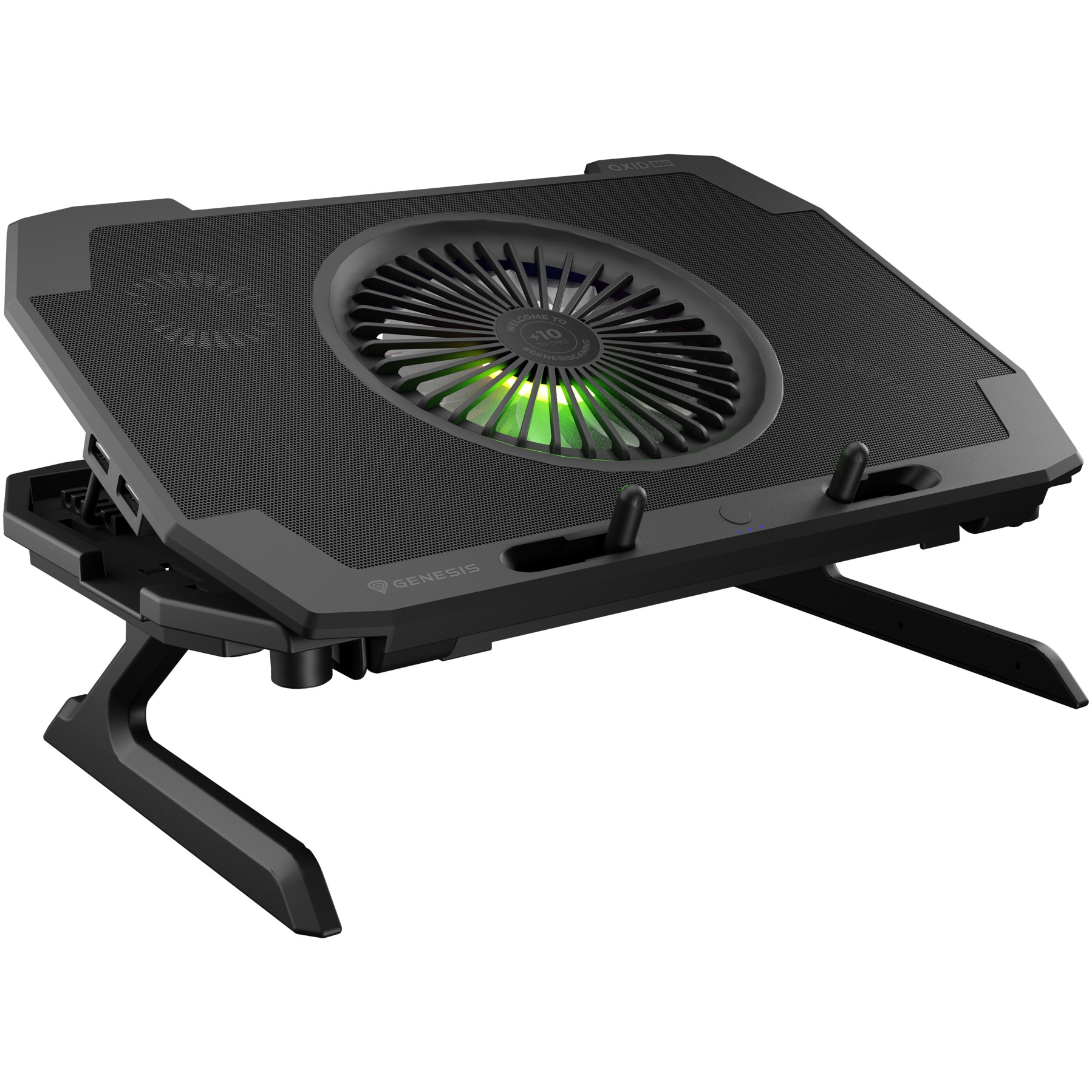 Fotografie Cooler Laptop Genesis OXID 850, Max. 17.3", Cooling Pad 5 Ventilatoare, Viteza Reglabila, Flux de Aer 70 CFM, Unghi Ajustabil 6 Pozitii, USB Suplimentar, Iluminare LED RGB, Negru