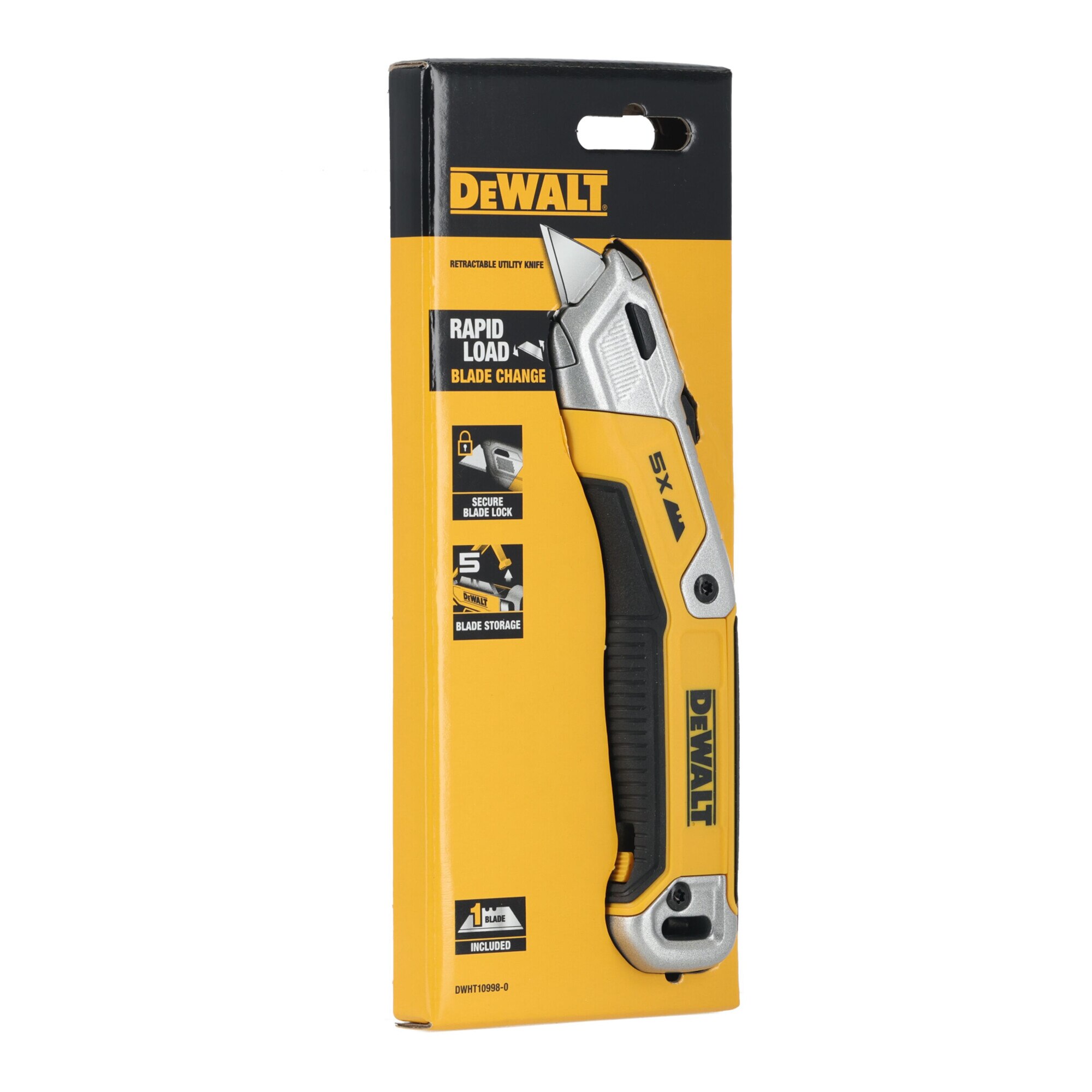 Fotografie Cutit utilitar tip cutter retractabil DeWALT DWHT10998-0, corp aliaj turnat, schimbare rapida a lamei, rezervor depozitare 5 lame, maner bi-material cu prindere texturata, include 1 lama