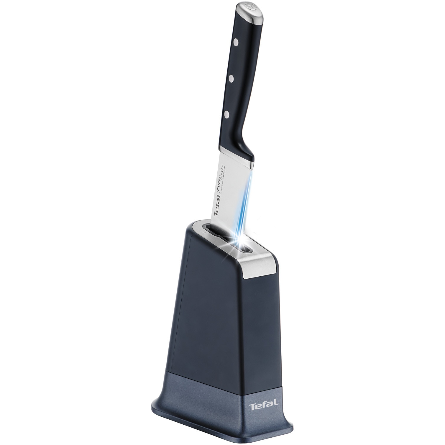 Fotografie Cutitul bucatarului Tefal EverSharp Pro & suport K297S244, inox german, maner ergonomic, sistem de ascutire integrat, negru & argintiu