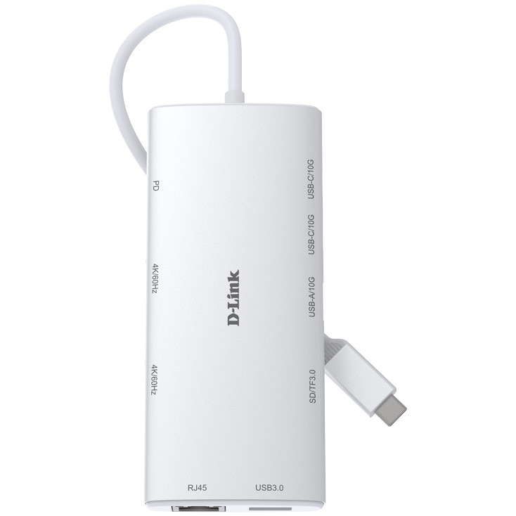 Fotografie Docking station D-Link, DUP-A01, 10-in-1, conectare PC Type-C, porturi: SD/microSD card reader, 2 x USB, 2 x USB Type-C, 2 x HDMI 2.0, 1 x USB Type-C 4.0 with DP 1.4, 1 x Gigabit RJ45, USB Type-C cablu 50 cm, alb