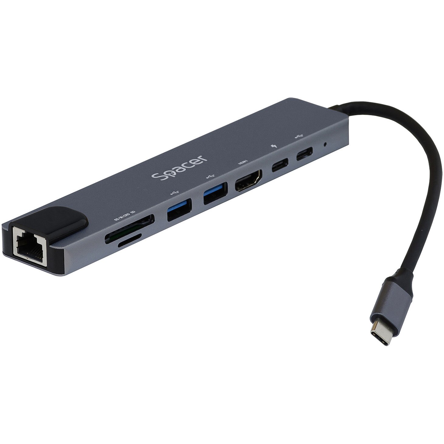 Fotografie Docking station universal 8 in 1, Spacer, conectare Type-C, USB 3.0 x 2|USB Type C x 1|PD 87W x 1|HDMI x 1 4K (30Hz)|RJ-45 (1000MHz/s)| SD Cardx1| TF (MicroSD)x1, aluminiu, gri