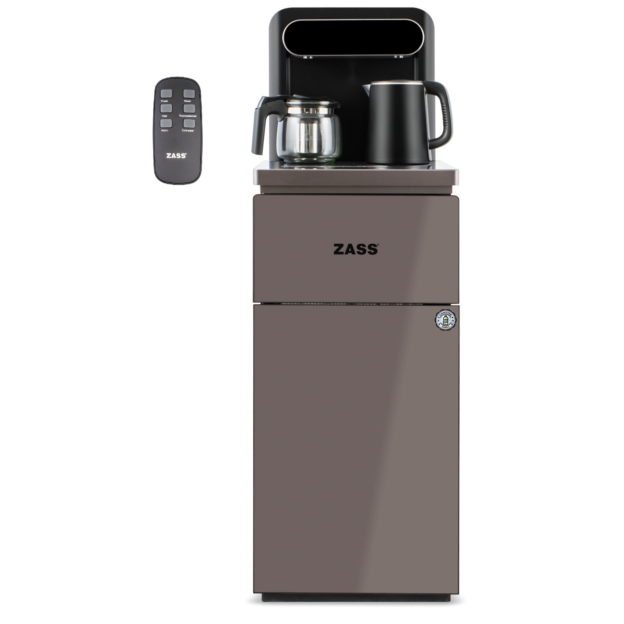 Fotografie Dozator apa de podea multifunctional ZASS ZWD 19 CS, cu cu amplasarea bidonului la baza si Tea Bar, Apa calda/rece, Ceainic, Racire cu compresor, Culoare Coffe