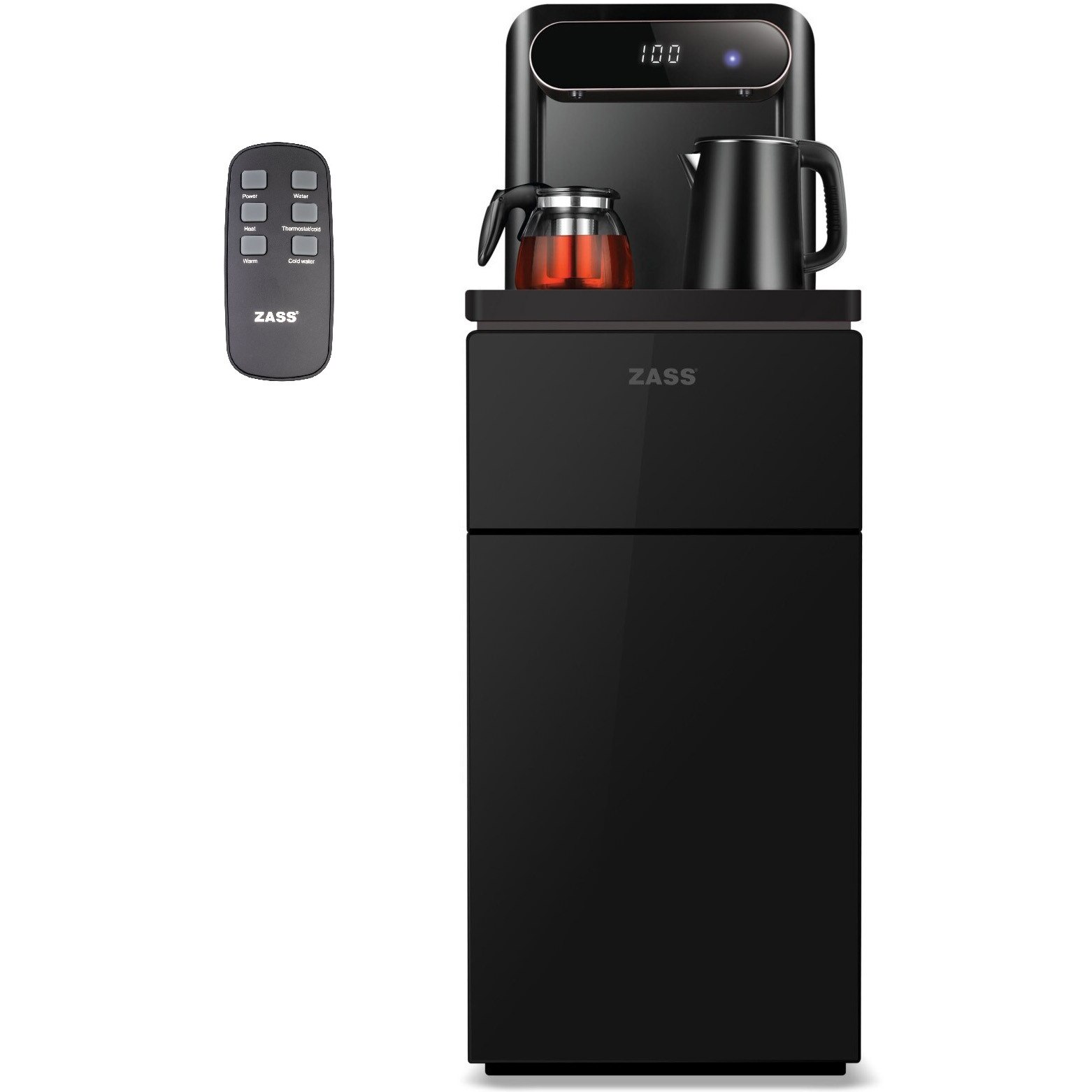Fotografie Dozator apa de podea multifunctional ZASS ZWD 19 CS NEGRU, cu amplasarea bidonului la baza si Tea Bar, Apa calda/rece, Ceainic, Racire cu compresor