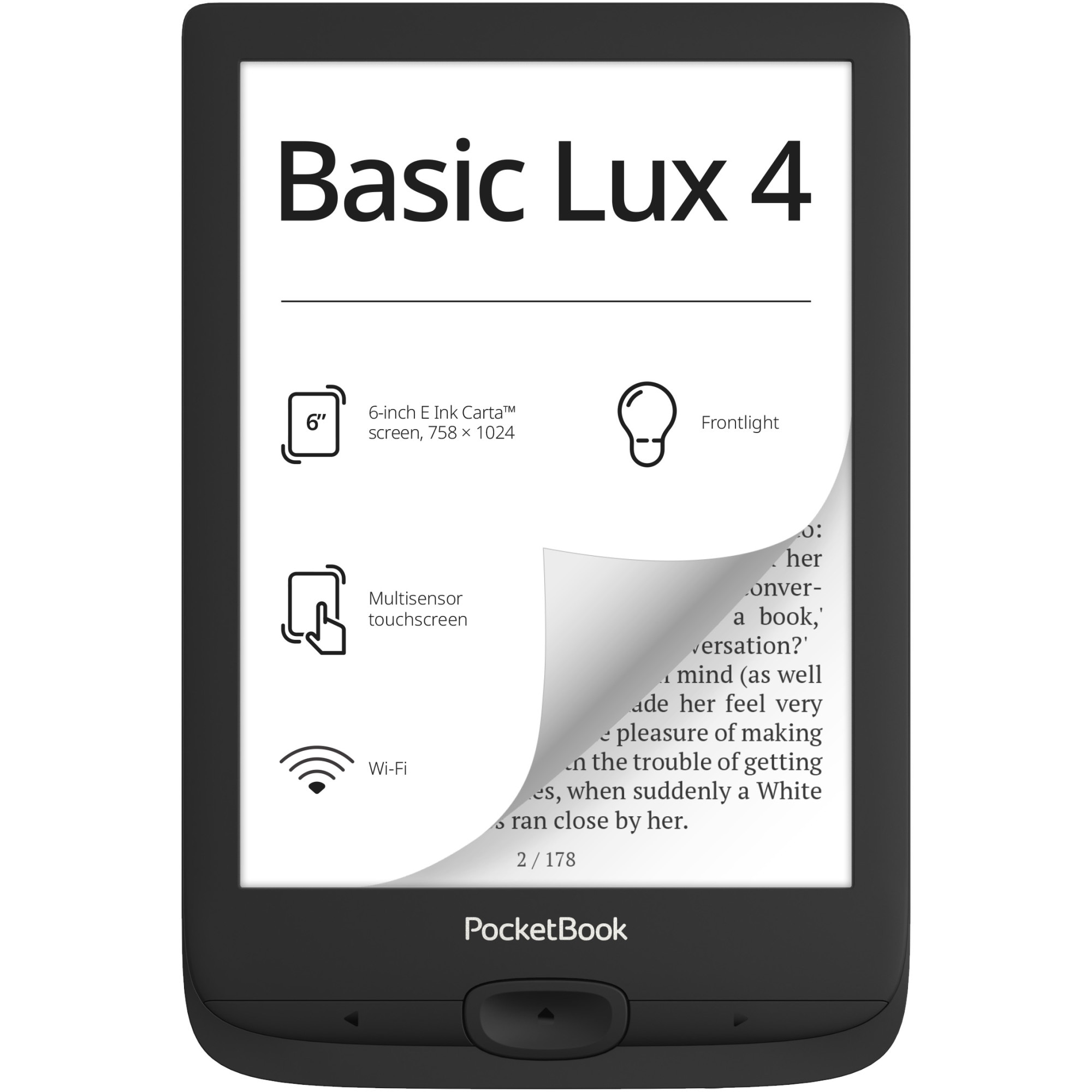 Fotografie eBook Reader PocketBook Basic Lux 4 PB618, ecran tactil 6.0" E Ink Carta™ HD, 212dpi, 8GB+slot microSD, iluminare frontala, WiFi, Negru