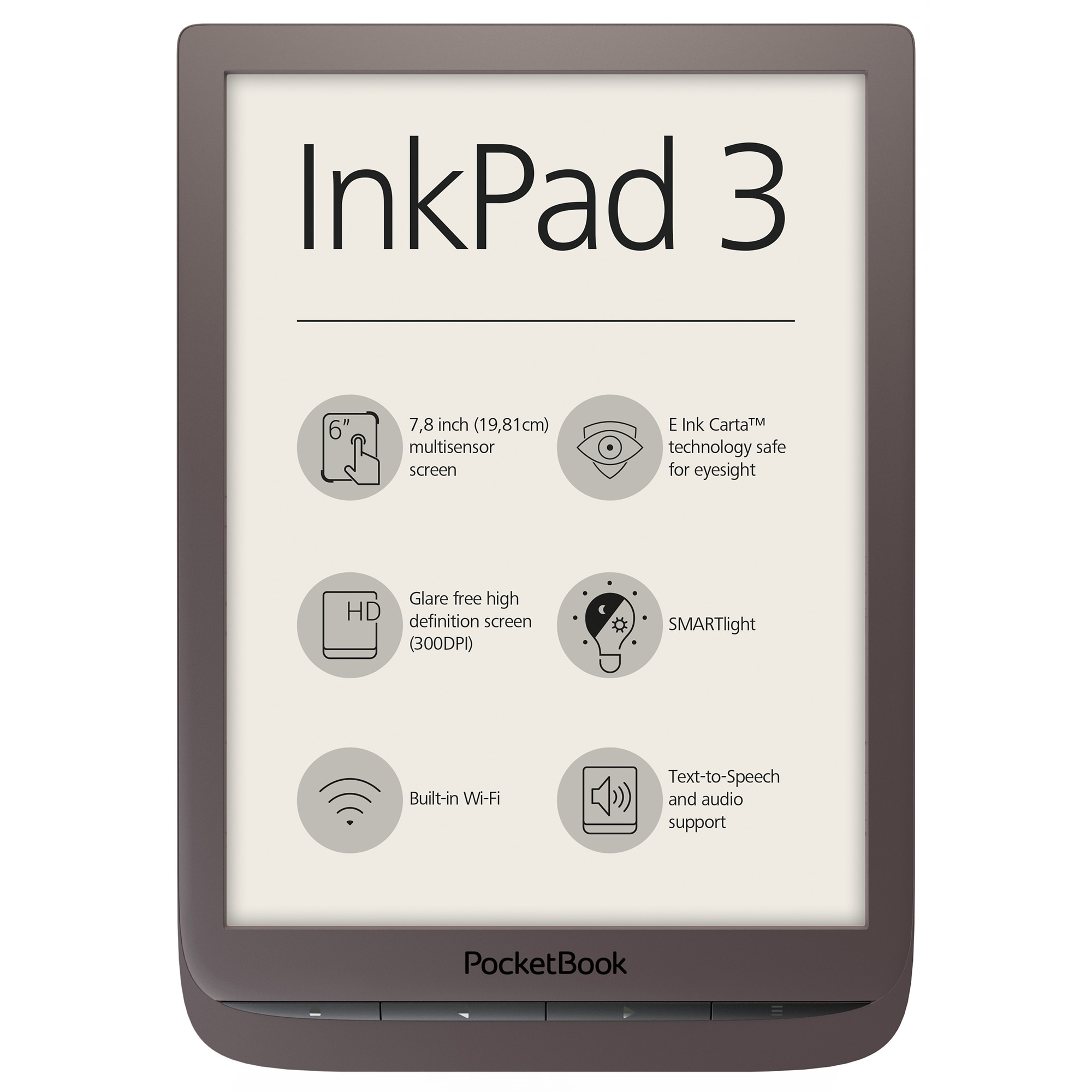 Fotografie eBook Reader PocketBook Inkpad 3, 7.8" E Ink Carta,, 8GB, audio out, SMARTlight, Maro