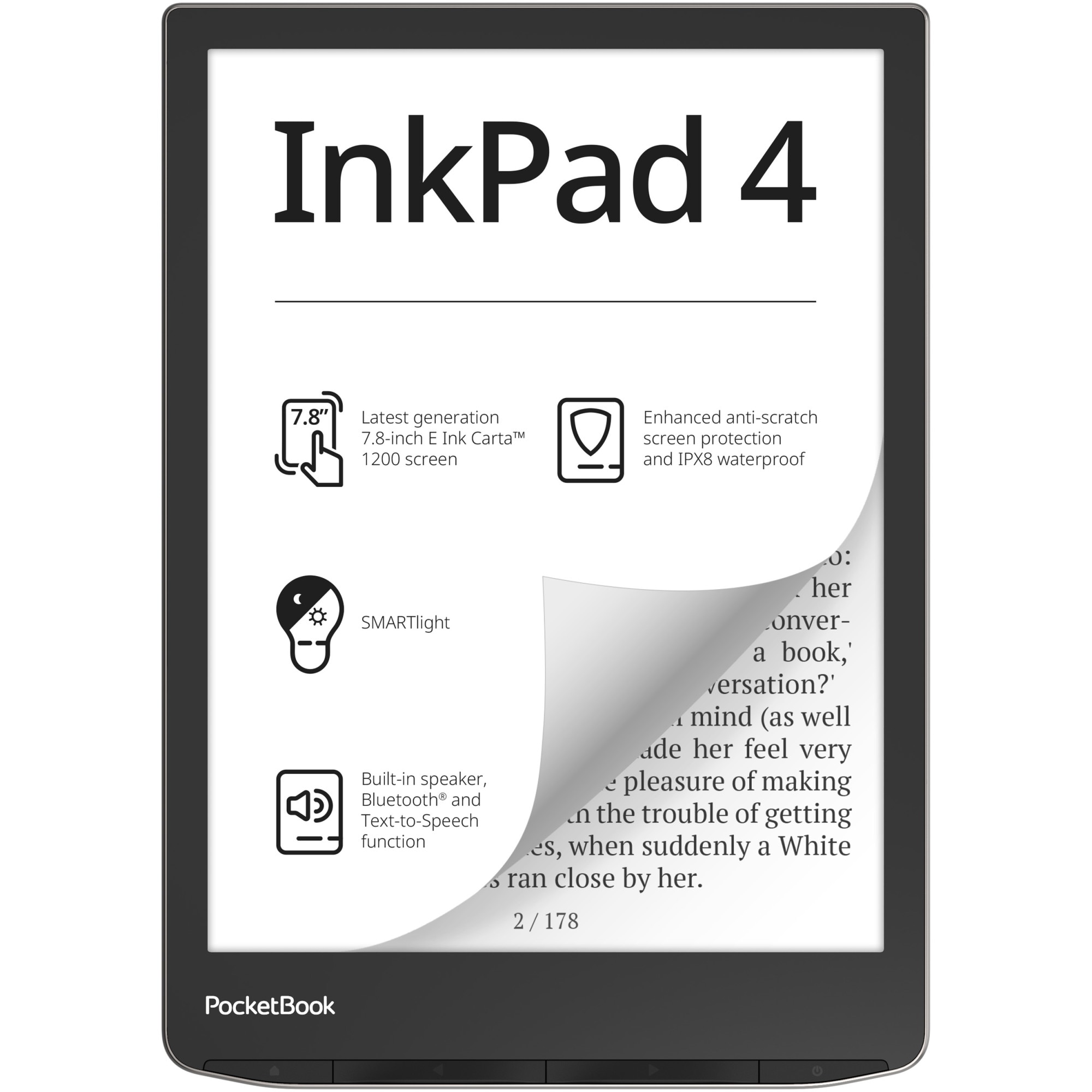 Fotografie eBook Reader PocketBook InkPad 4 PB743G, ecran tactil 7.8" E Ink Carta™ 1200, 300dpi, 32GB, SMARTlight, G-sensor, Bluetooth&WiFi, Argintiu