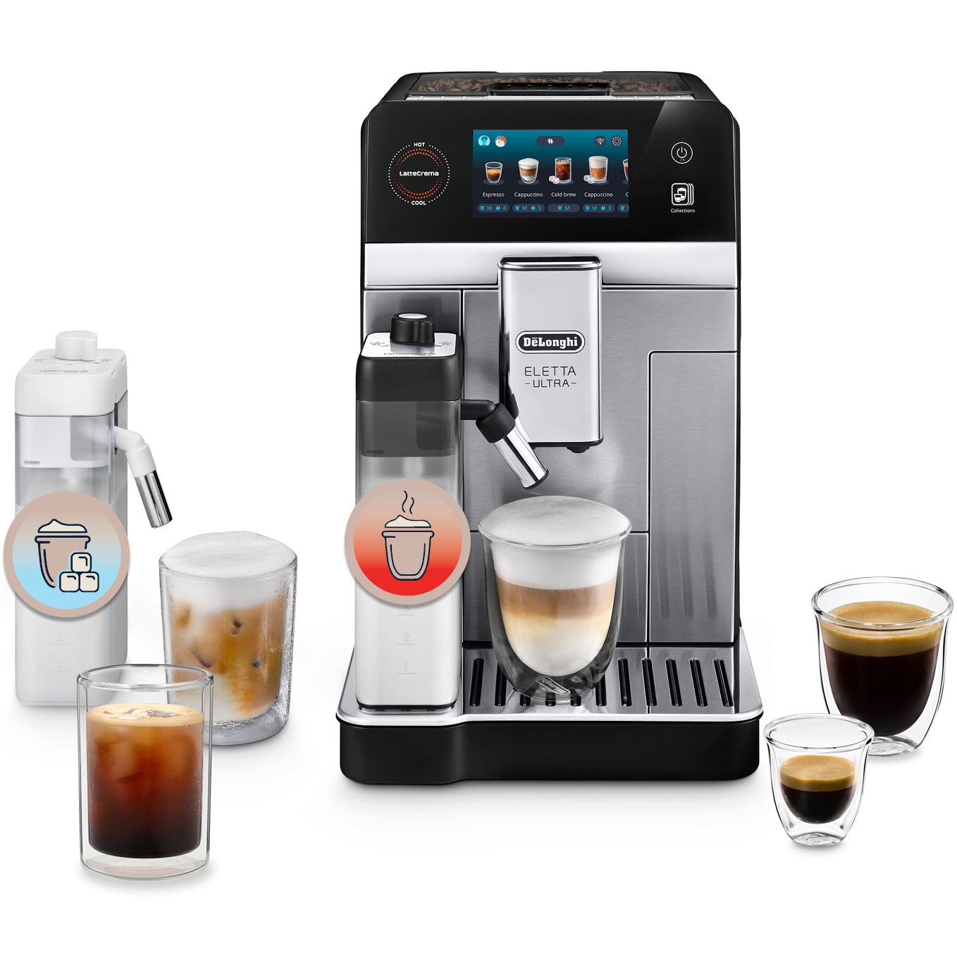Fotografie Espressor automat De'Longhi Eletta Ultra ECAM470.85.MB, 50+bauturi calde si reci, 2 carafe lapte LatteCrema Hot&Cool, Tehnologie extractie la rece, extra shot, Tehnologie Silent, Rasnita integrata, Tehnologie BeanAdapt, 1450W, 19 bari, metalic