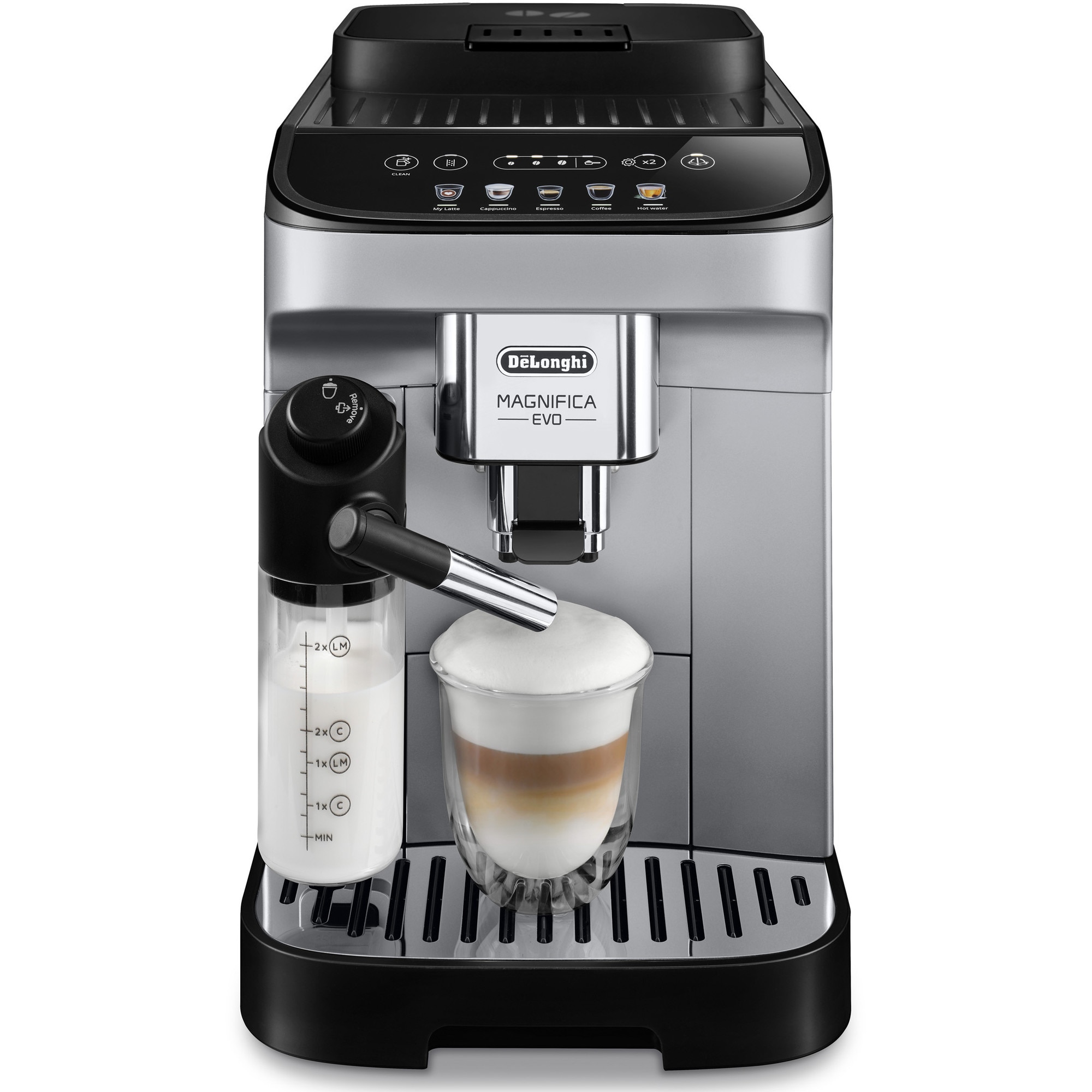 Fotografie Espressor automat De'Longhi Magnifica Evo ECAM 290.61.SB, 1450W, 6 tipuri de bauturi, 15 bari, Carafa pentru lapte, Sistem LatteCrema, Rasnita cu 13 setari, Negru/argintiu
