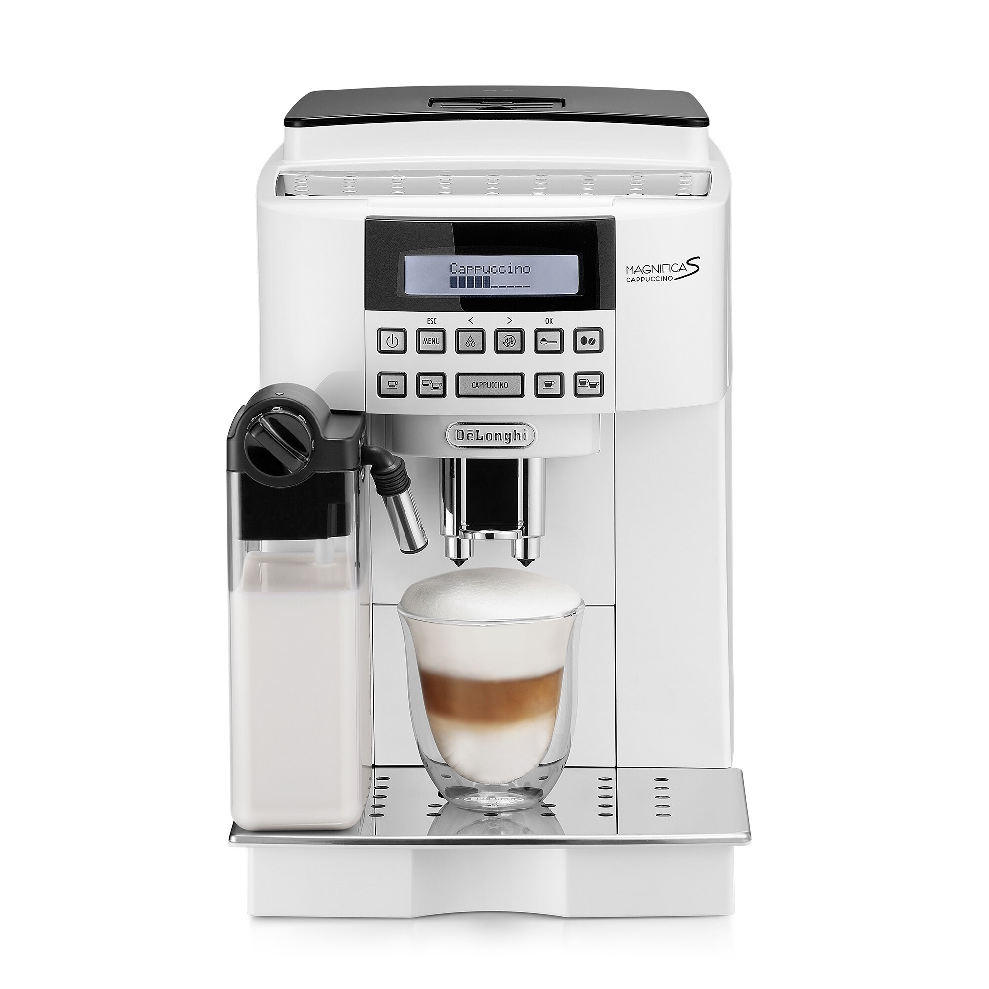 Fotografie Espressor automat De'Longhi Magnifica S Cappuccino ECAM 22.360.W, Carafa pentru lapte, Rasnita cu 13 setari, 1450 W, 15 bar, 1.8 l, Display LCD, Alb