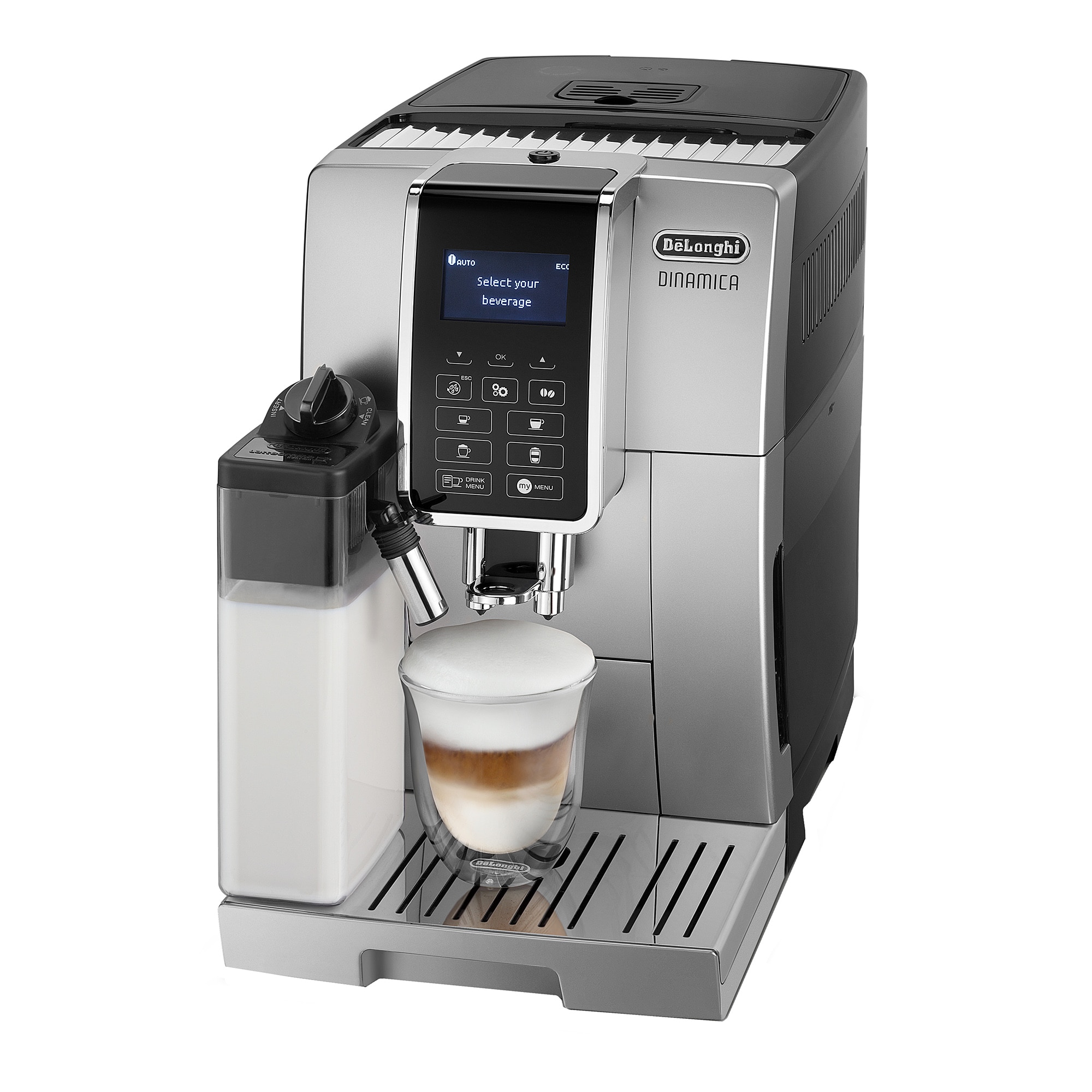 Fotografie Espressor automat De’Longhi Dinamica ECAM 350.55.SB, 1450W, 15 bar, carafa pentru lapte, sistem LatteCrema, rasnita cu 13 setari, negru/ argintiu