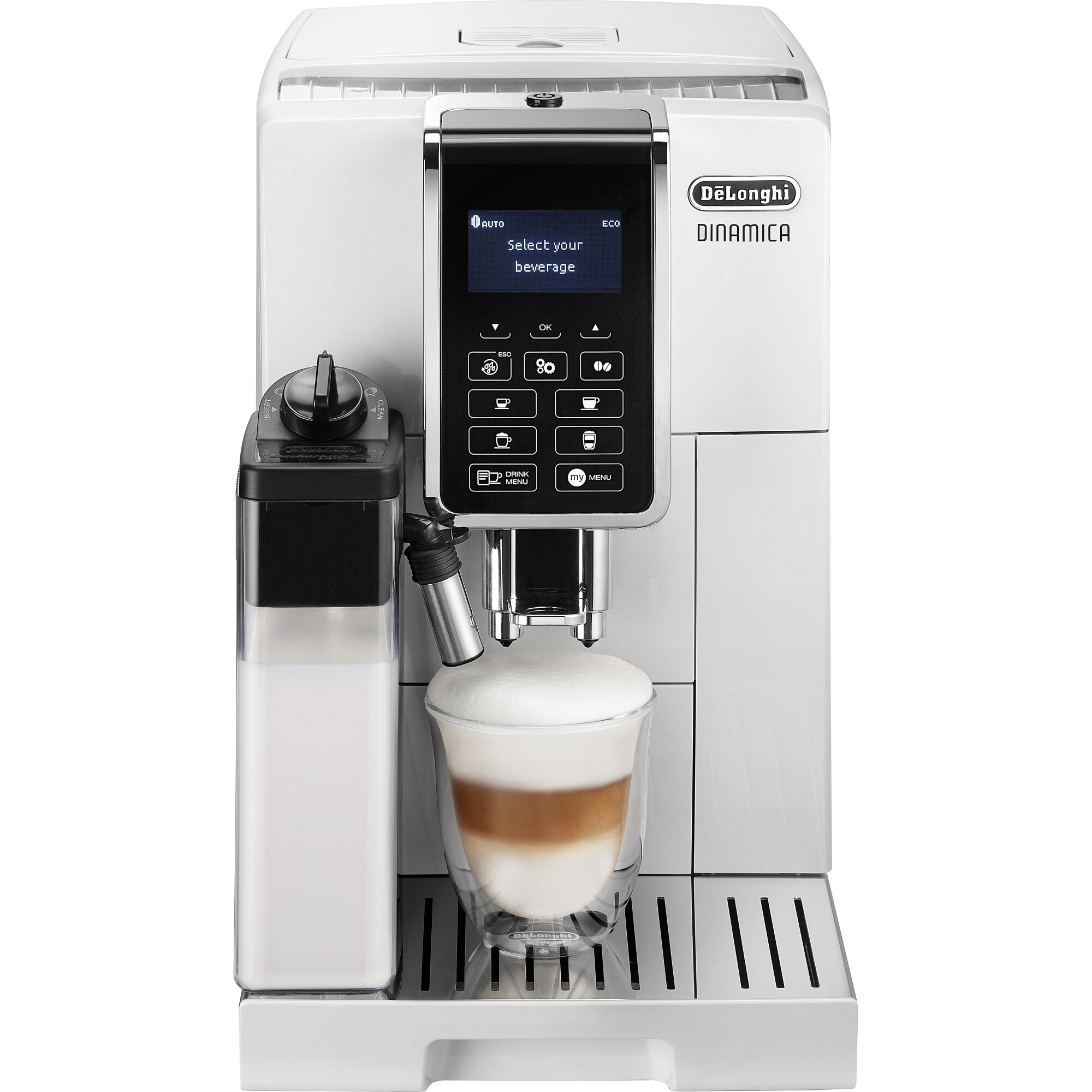 Fotografie Espressor automat De’Longhi Dinamica ECAM 350.55.W, Carafa pentru lapte, Sistem LatteCrema, Rasnita cu 13 setari, 1450 W, 15 bar, 1.8 l, Alb