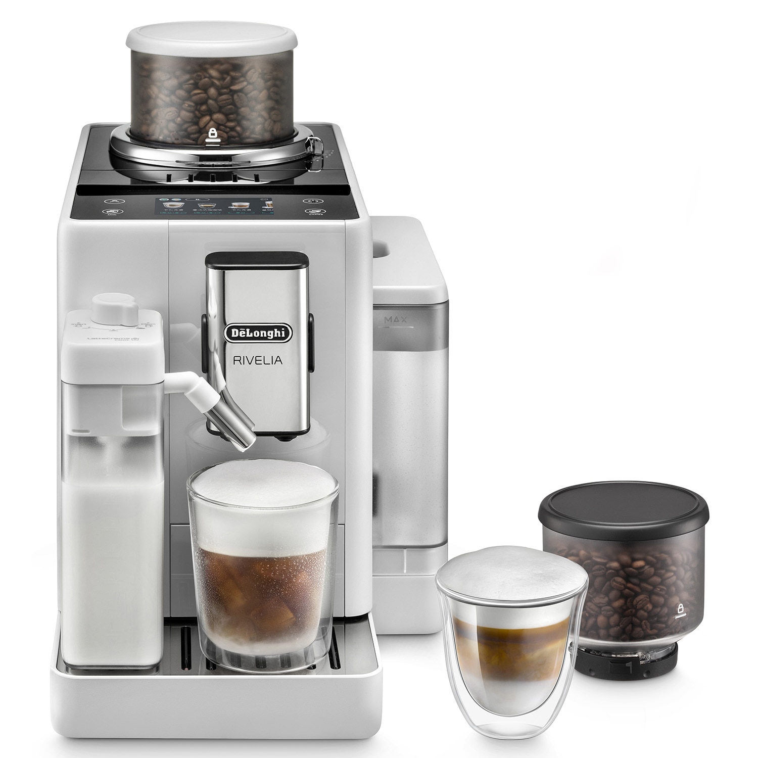 Fotografie Espressor automat De’Longhi Rivelia EXAM440.55.W, 18 bauturi, 2 recipiente pentru boabe, Tehnologie Bean Adapt, Carafa de lapte cu tehnologie LatteCrema, 1450W, 19 bar, Alb