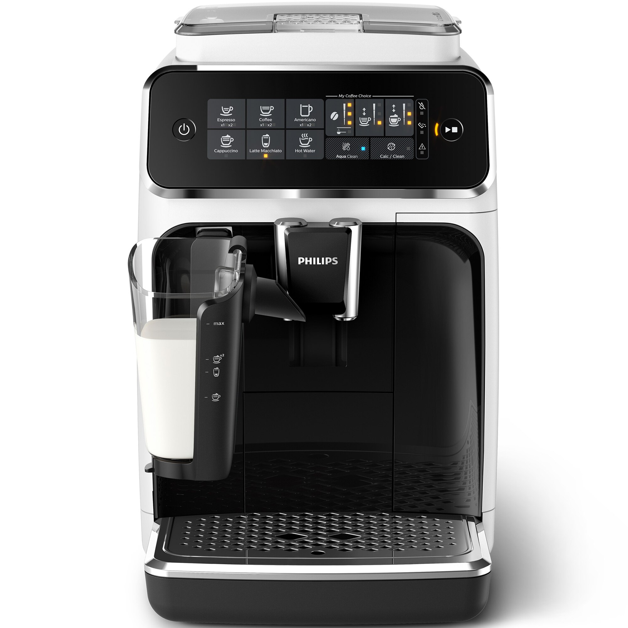 Fotografie Espressor automat Philips EP3243/50, sistem de lapte LatteGo, 5 bauturi, 15 bar, filtru AquaClean, rasnita ceramica, optiune cafea macinata, ecran tactil, Alb