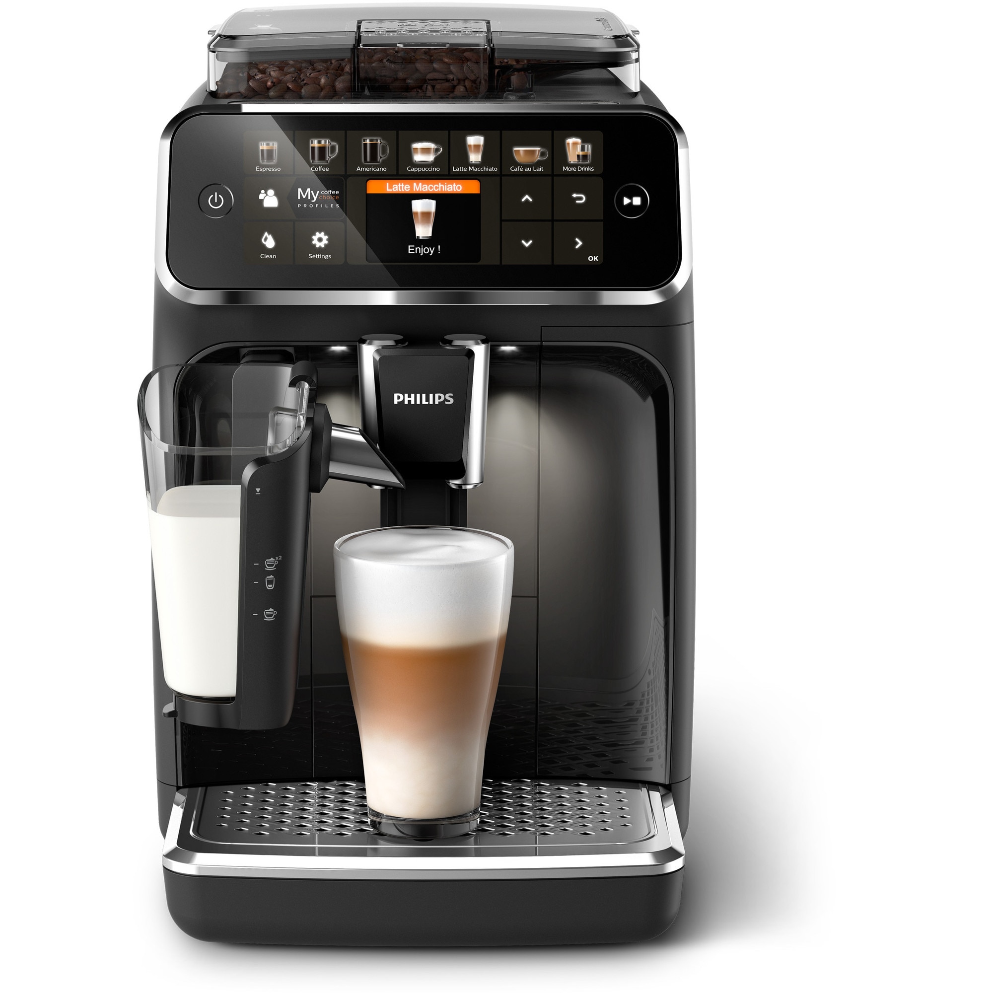 Fotografie Espressor automat Philips EP5441/50 seria 5400, solutie de lapte LatteGo, 12 tipuri de bauturi, ecran tactil, rasnita ceramica, functie QuickStart, preparare silentioasa, jet suplimentar, 12 setari macinare, 4 profiluri de utilizator, negru