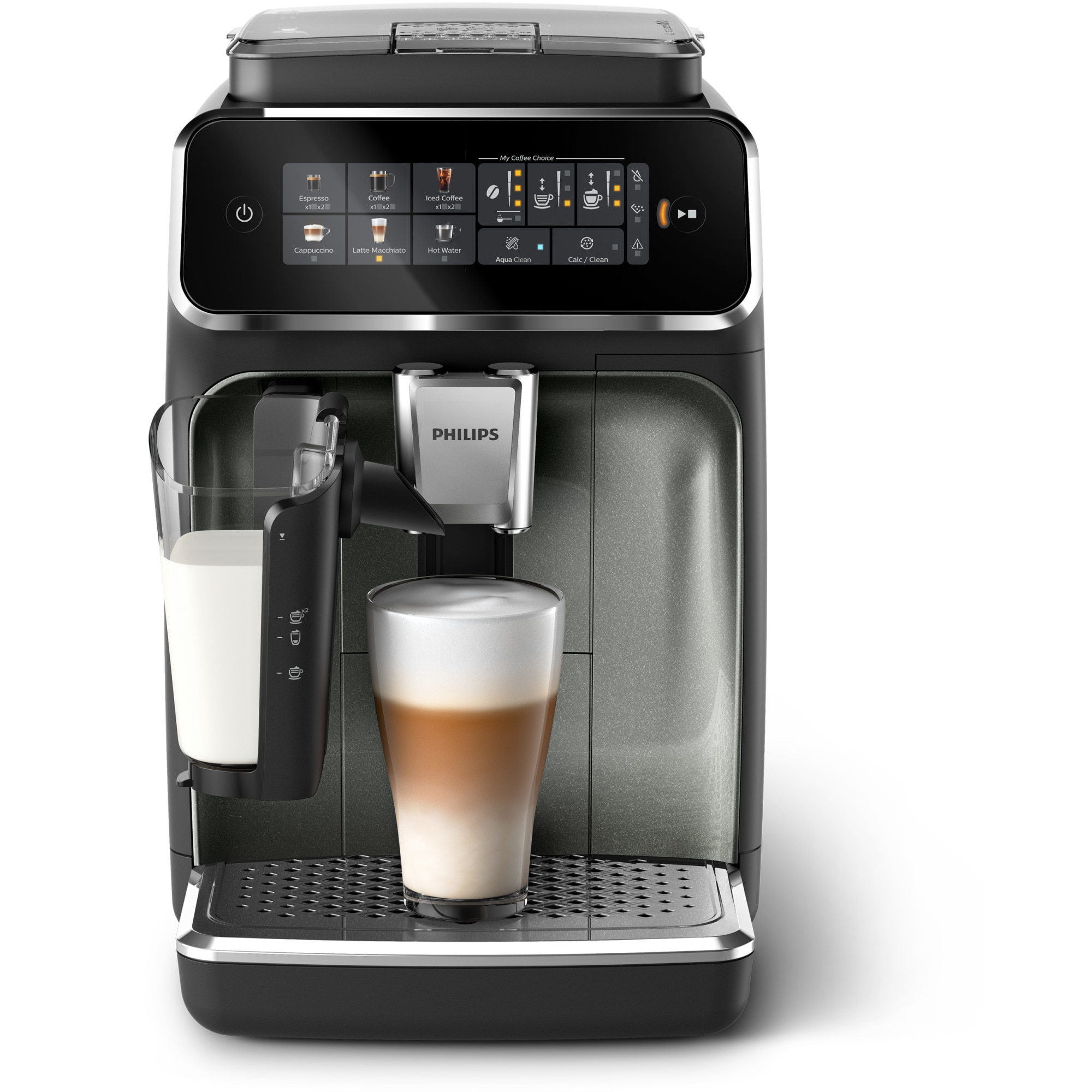 Fotografie Espressor automat Philips seria 3300 EP3349/70, solutie de lapte LatteGO, 6 tipuri de bauturi, ecran tactil intuitiv, Tehnologie noua SilentBrew pentru preparare silentioasa, Aplicatie HomeID , rasnita ceramica, negru/argintiu