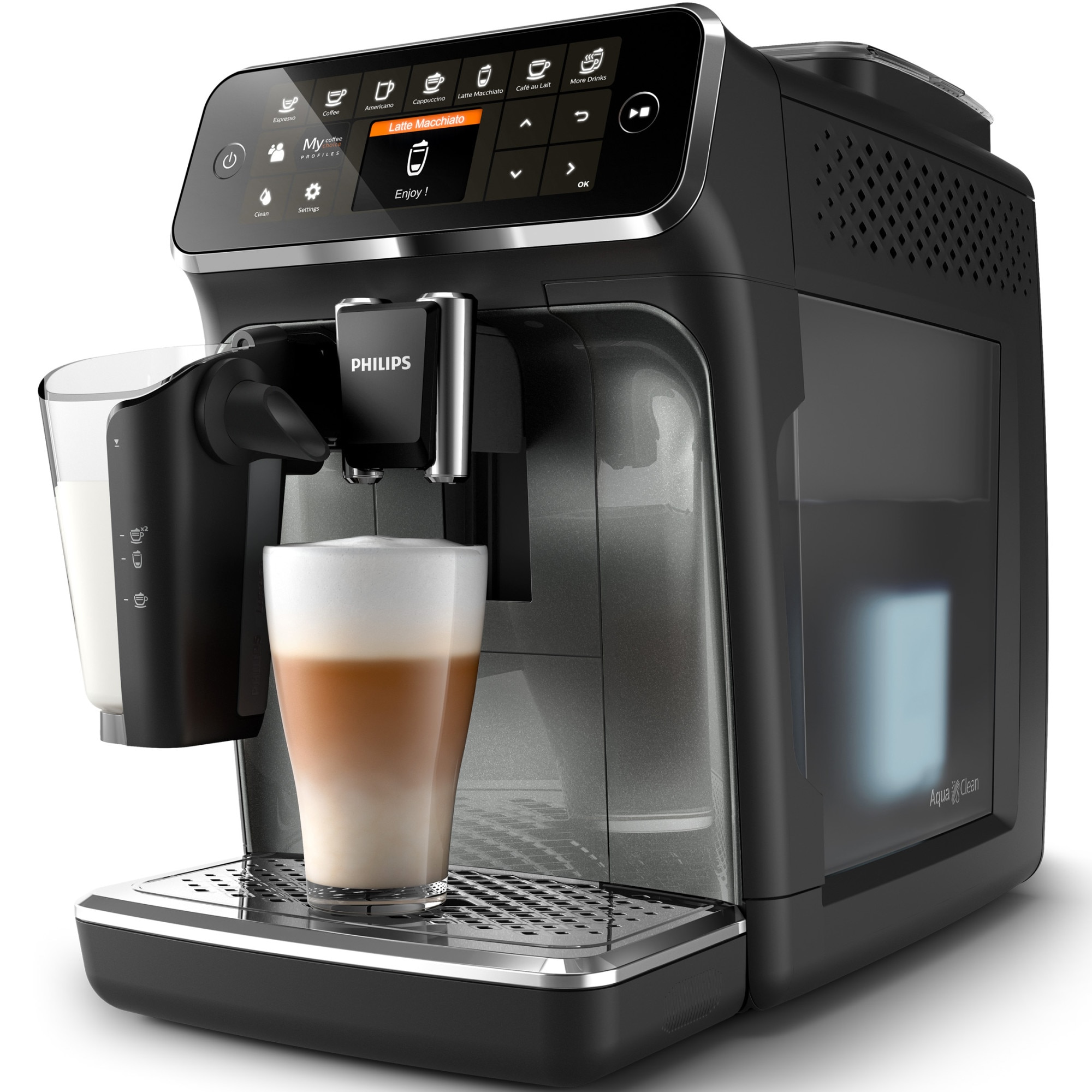 Fotografie Espressor automat Philips Seria 4300 EP4349/70, sistem de lapte LatteGo, 8 bauturi, 15 bar, display digital TFT, filtru AquaClean, rasnita ceramica, optiune cafea macinata, functie MEMO 2 profiluri, Negru