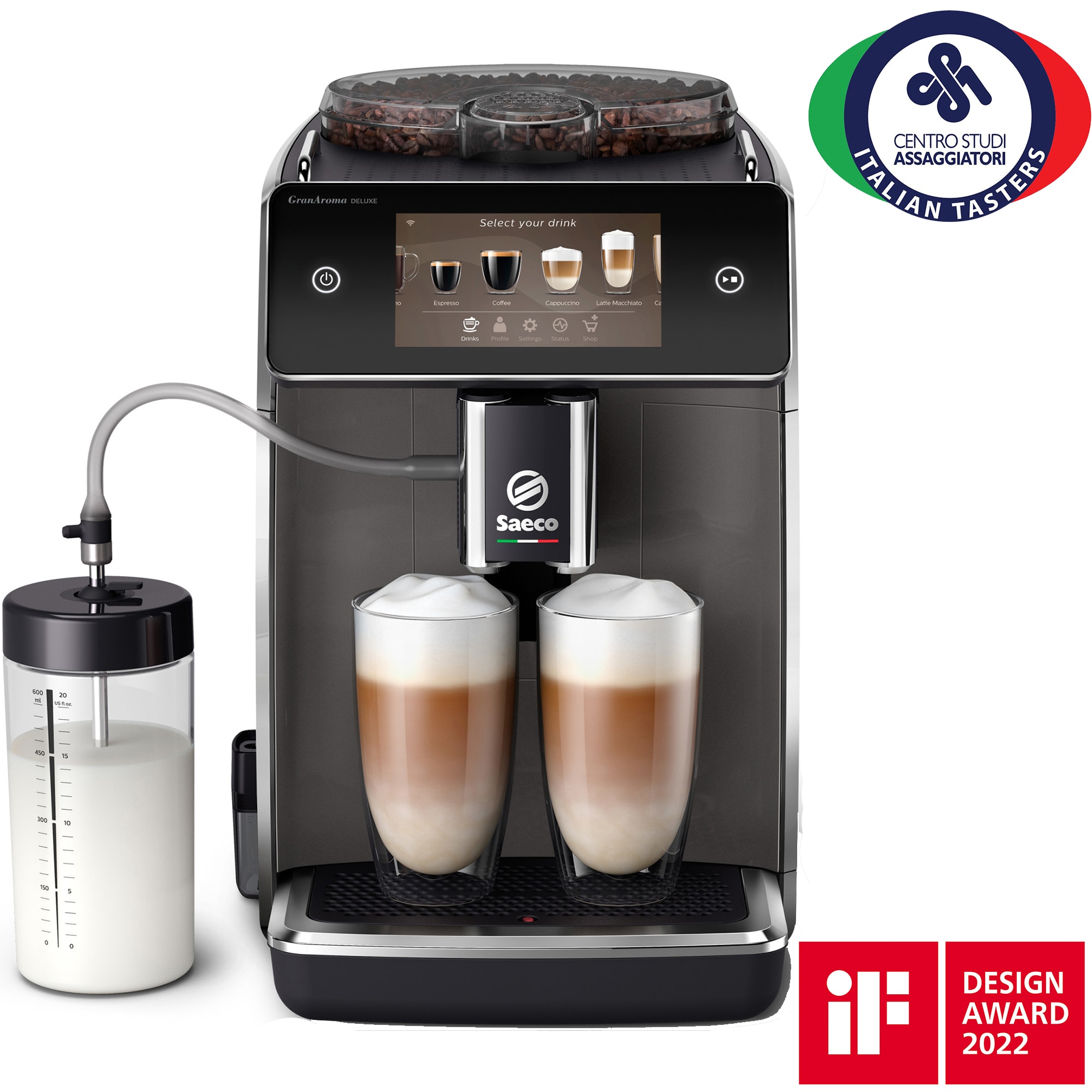 Fotografie Espressor automat Saeco GranAroma Deluxe SM6682/10, 18 specialitati de cafea, ecran cu touch color 5", 6 profiluri de utilizator, 3 profiluri de gust presetate cu CoffeeMaestro, conectivitate, rasnita ceramica cu 12 trepte de macinare, negru