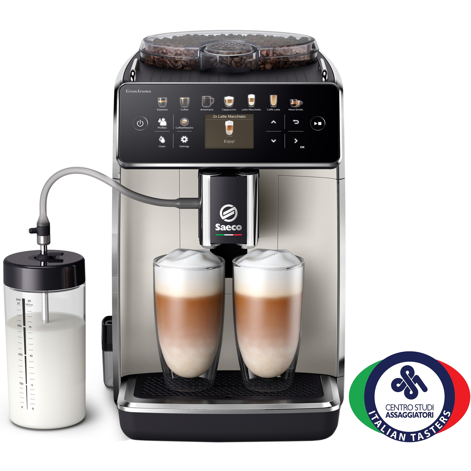 Fotografie Espressor automat Saeco GranAroma SM6582/30, sistem de lapte Latte Duo, 16 bauturi, 15 bar, ecran TFT color, 6 profiluri utilizator, filtru AquaClean, rasnita ceramica, functie DoubleShot, Crem metalic