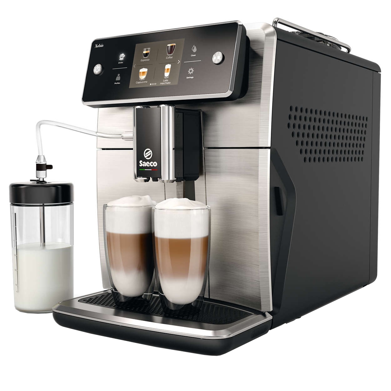 Fotografie Espressor automat Saeco Xelsis SM7683/00, Ecran tactil cu Coffee Equalizer, Sistem Latteduo, 15 selectii , 6 profiluri, Rasnita ceramica cu 12 trepte, AquaClean, Negru/Inox
