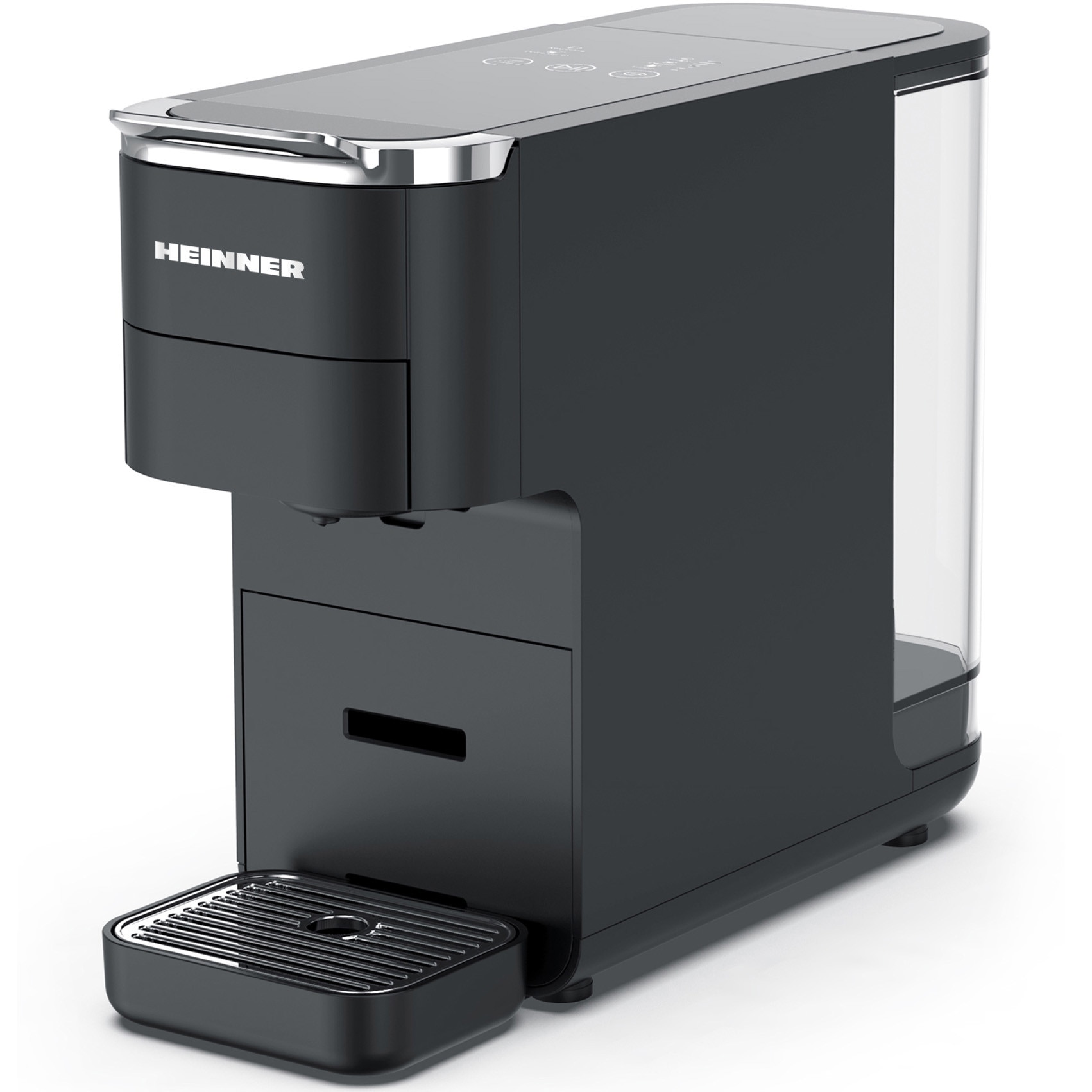 Fotografie Espressor cu capsule 4 in 1 Heinner HEMC-DD15BK, 1525 W, Rezervor 1.5 l, Ecran digital si control tactil, Compatibil cu Nespresso, Dolce Gusto, Ese Pods/Cafea pudra, Cafea macinata, Negru