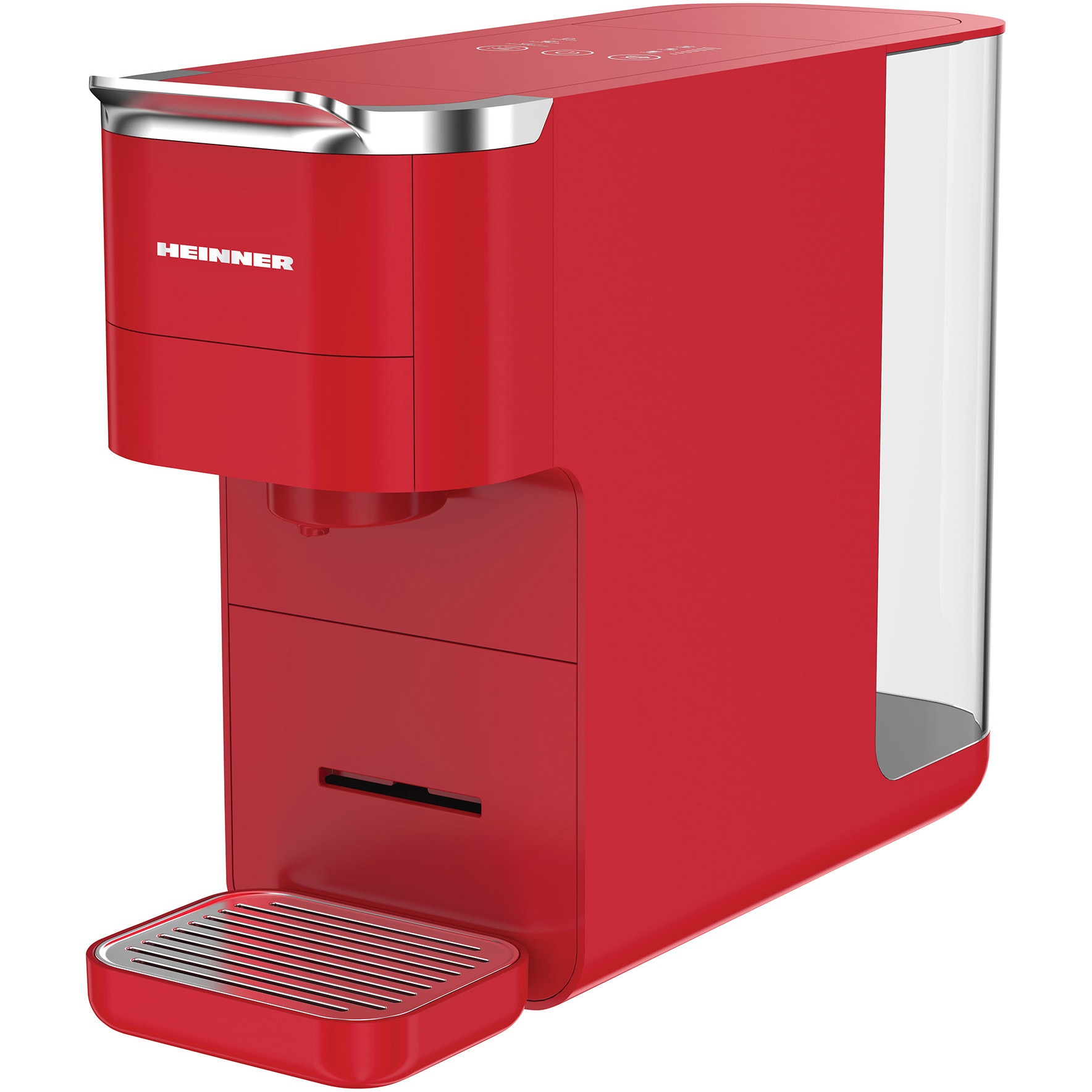 Fotografie Espressor cu capsule 4 in 1 Heinner HEMC-DD15RED, 1525 W, Rezervor 1.5 l, Ecran digital si control tactil, Compatibil cu Nespresso, Dolce Gusto, Ese Pods/Cafea pudra, Cafea macinata, Rosu