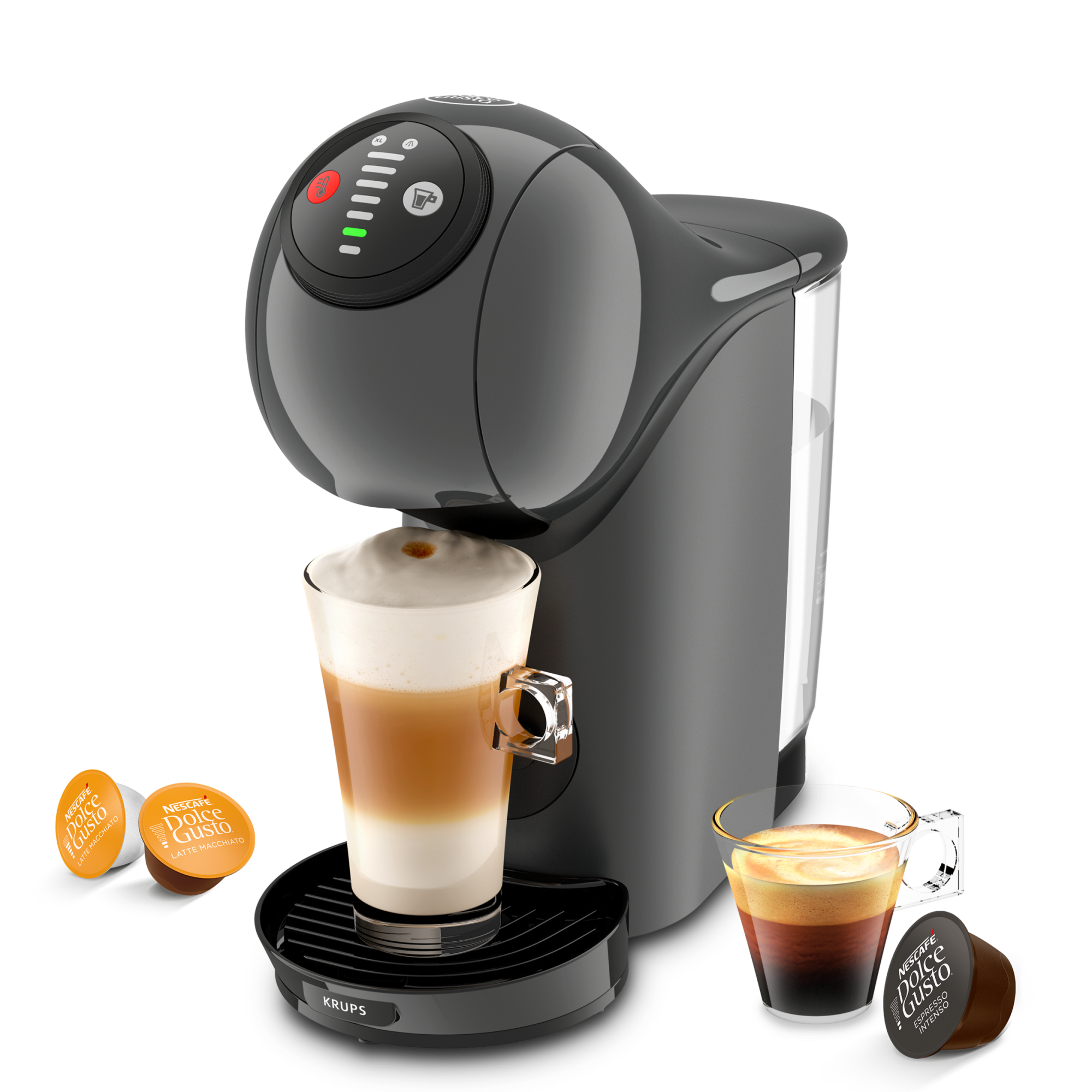 Fotografie Espressor KRUPS cu capsule NESCAFÉ® Dolce Gusto® Genio S KP243B10, 1500 W, 15 bari presiune, capacitate rezervor 0.8 L, functie XL, gri