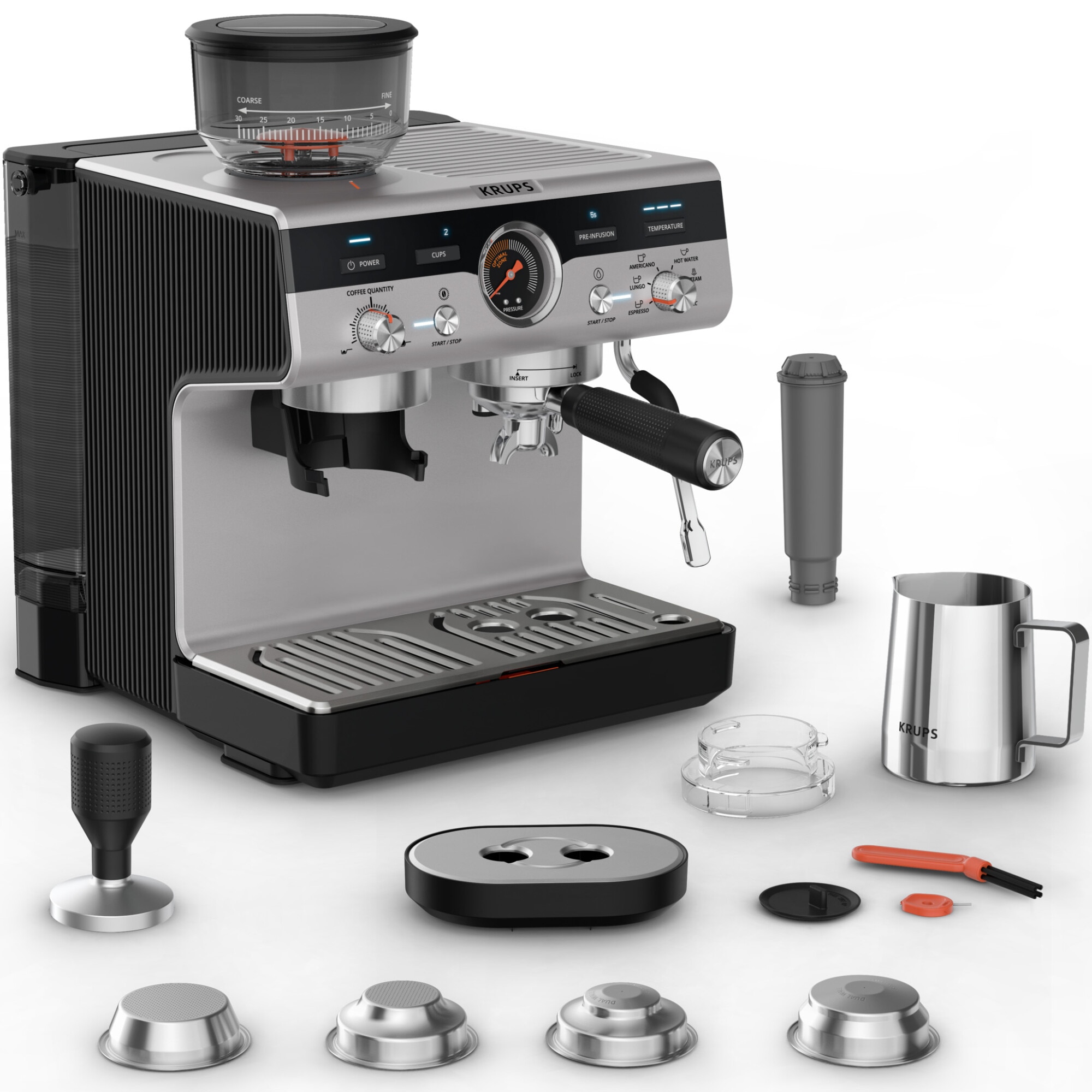 Fotografie Espressor manual cu rasnita Krups Precision XP801T10, 15 bari, rezervor apa detasabil 3.5 L, 30 trepte de rasnire, 3 trepte temperatura, 3 trepte pre-infuzare, duza cappuccino & apa fierbinte, sistem Thermoblock, negru & argintiu