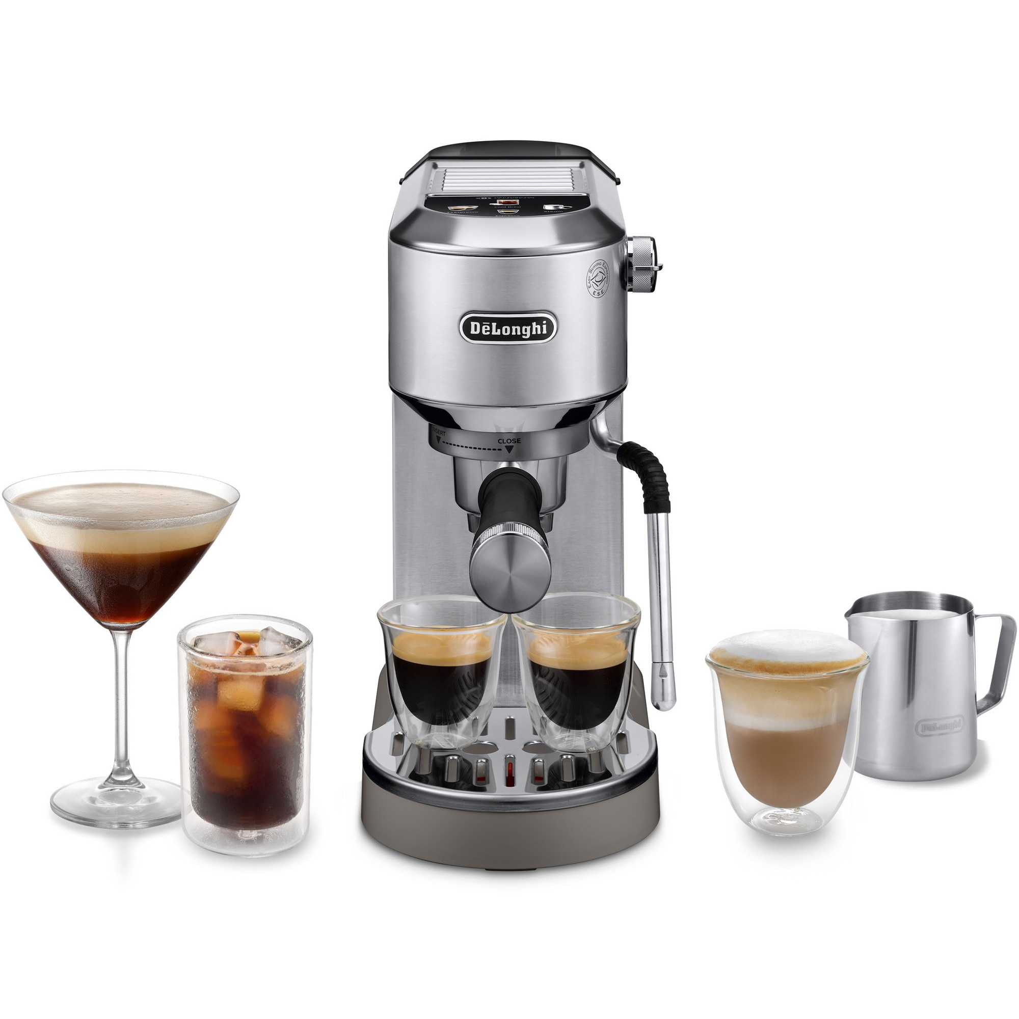 Fotografie Espressor manual De’Longhi Dedica Dedica Duo EC890.M, 4 bauturi, Tehnologie pentru extractie la rece, Spumare manuala cu sistemul Auto LatteArt, 1450W, 15 bar, Argintiu