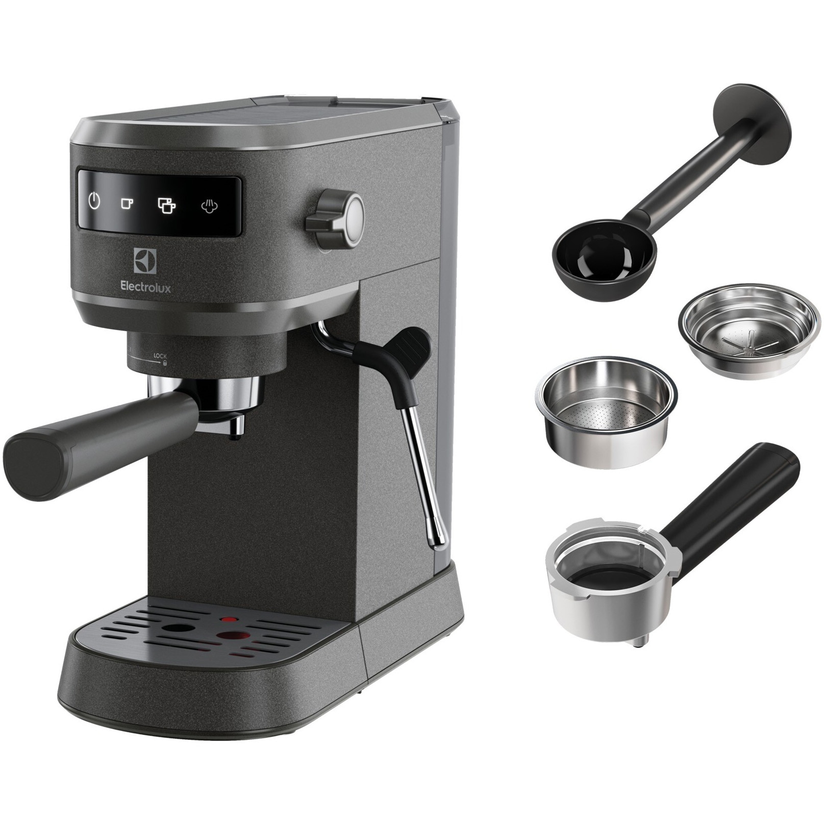 Fotografie Espressor manual Electrolux Explore 6 E6EC1-B6ST, 1400W, 15 bar, 1l, suport incalzit pentru cesti, tehnologie Thermo-Block pentru incalzire rapida, Auto-Shot Volume Control, optiune apa fierbinte, notificare decalcifiere, negru