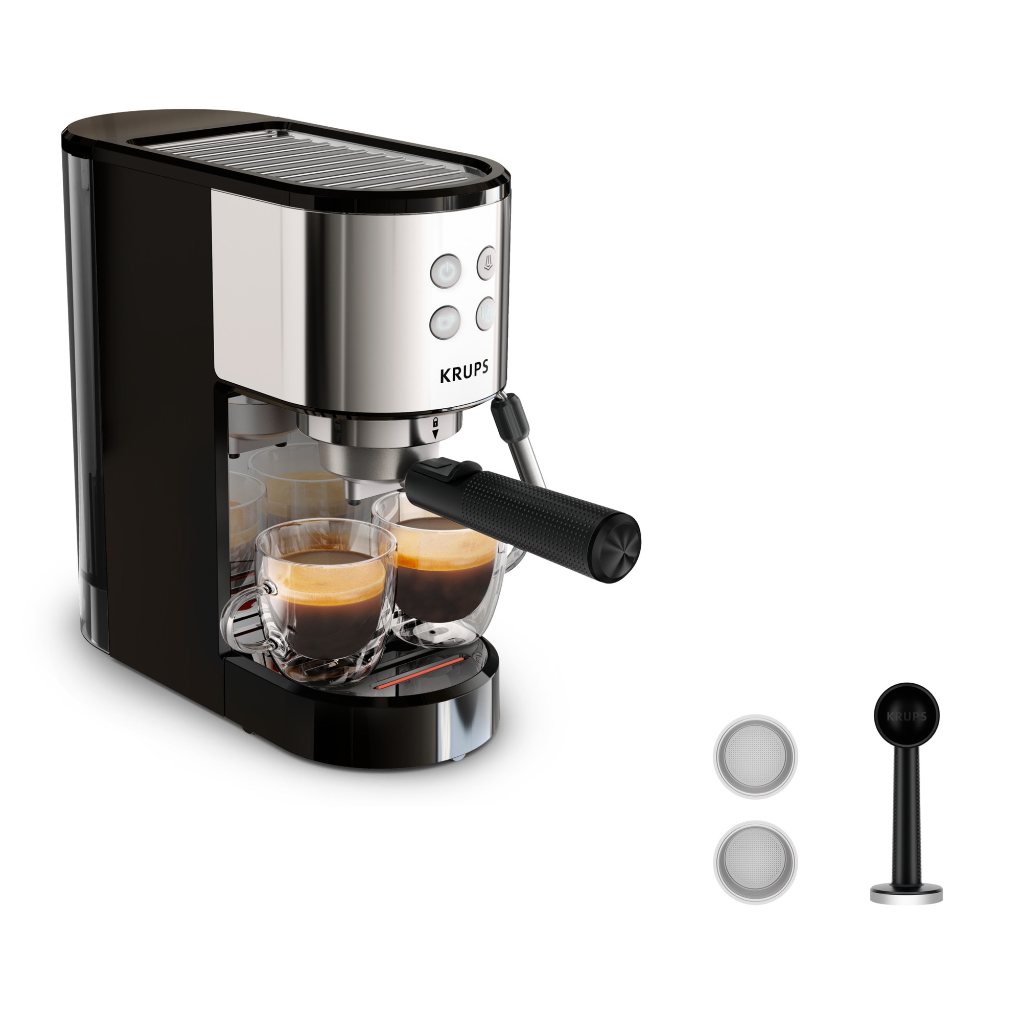 Fotografie Espressor manual Krups Virtuoso Essential XP441810, presiune 15 bari, rezervor apa 1L, sistem de spumare a laptelui, functie apa fierbinte, reglare temperatura, oprire automata, sistem ThermoBlock, design compact, negru & argintiu