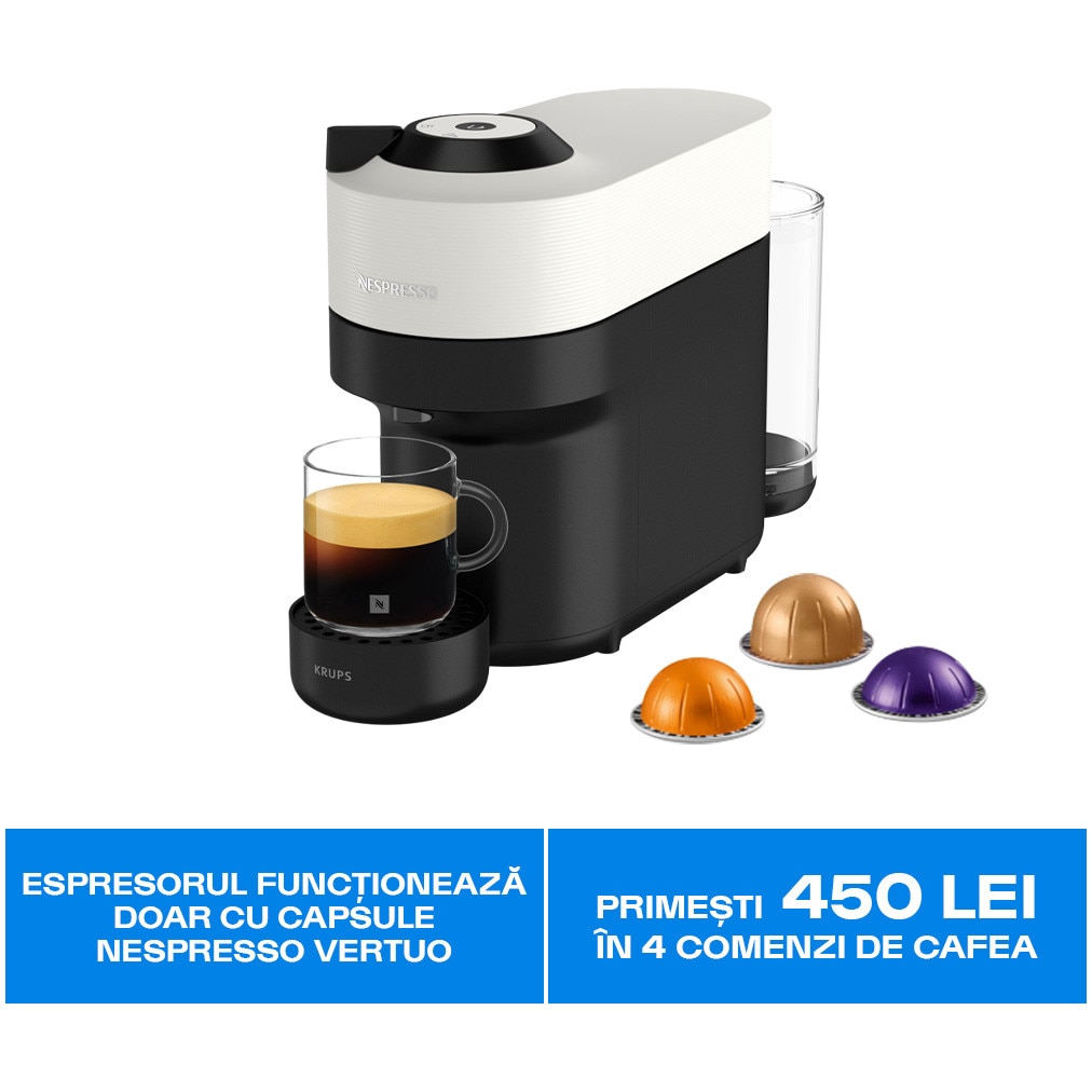 Fotografie Espressor Nespresso by Krups Vertuo Pop XN920110, 1500W, 19 Bar, Centrifusion™, Conectare la telefon, 0.6L, Alb, set capsule degustare inclus