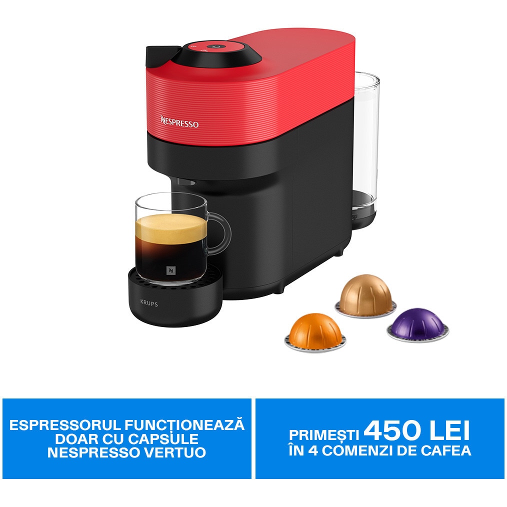 Fotografie Espressor Nespresso by Krups Vertuo Pop XN920510, 1500W, 19 Bar, Centrifusion™, Conectare la telefon, 0.6L, Rosu, set capsule degustare inclus